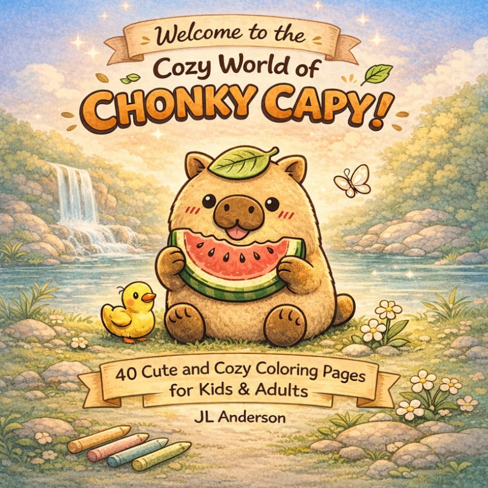 Chonky Capy: 40 Cute & Cozy Coloring Pages for Kids & Adults | Capybara & Kawaii Animal Coloring Book for Relaxation
