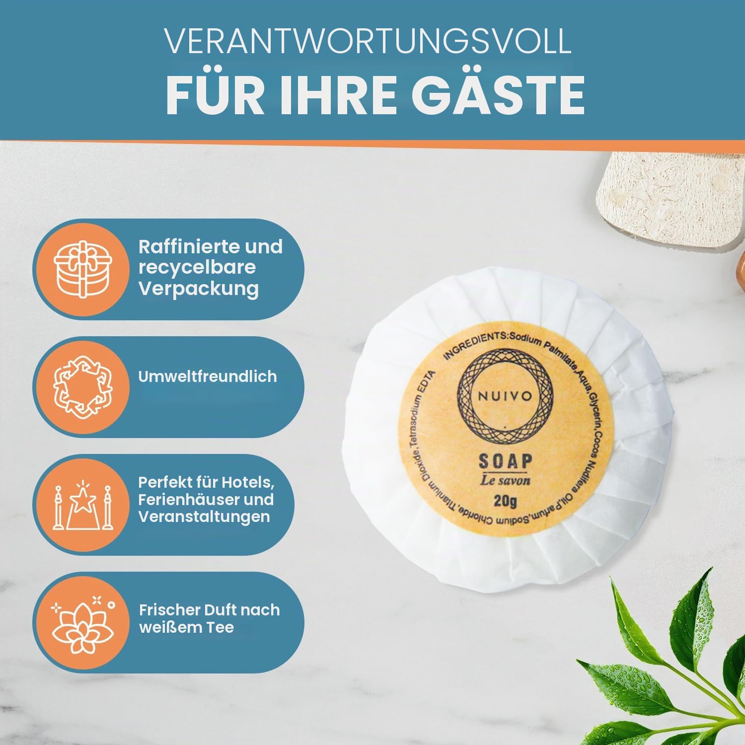 100 Mini-Seifen, rund, 20 g – einzelne Seifen, verpackt aus Papier – Hochzeit, Hotel, Gîte, Badezimmer, Reise – Gästeseife, umweltfreundlich und gebrauchsfertig