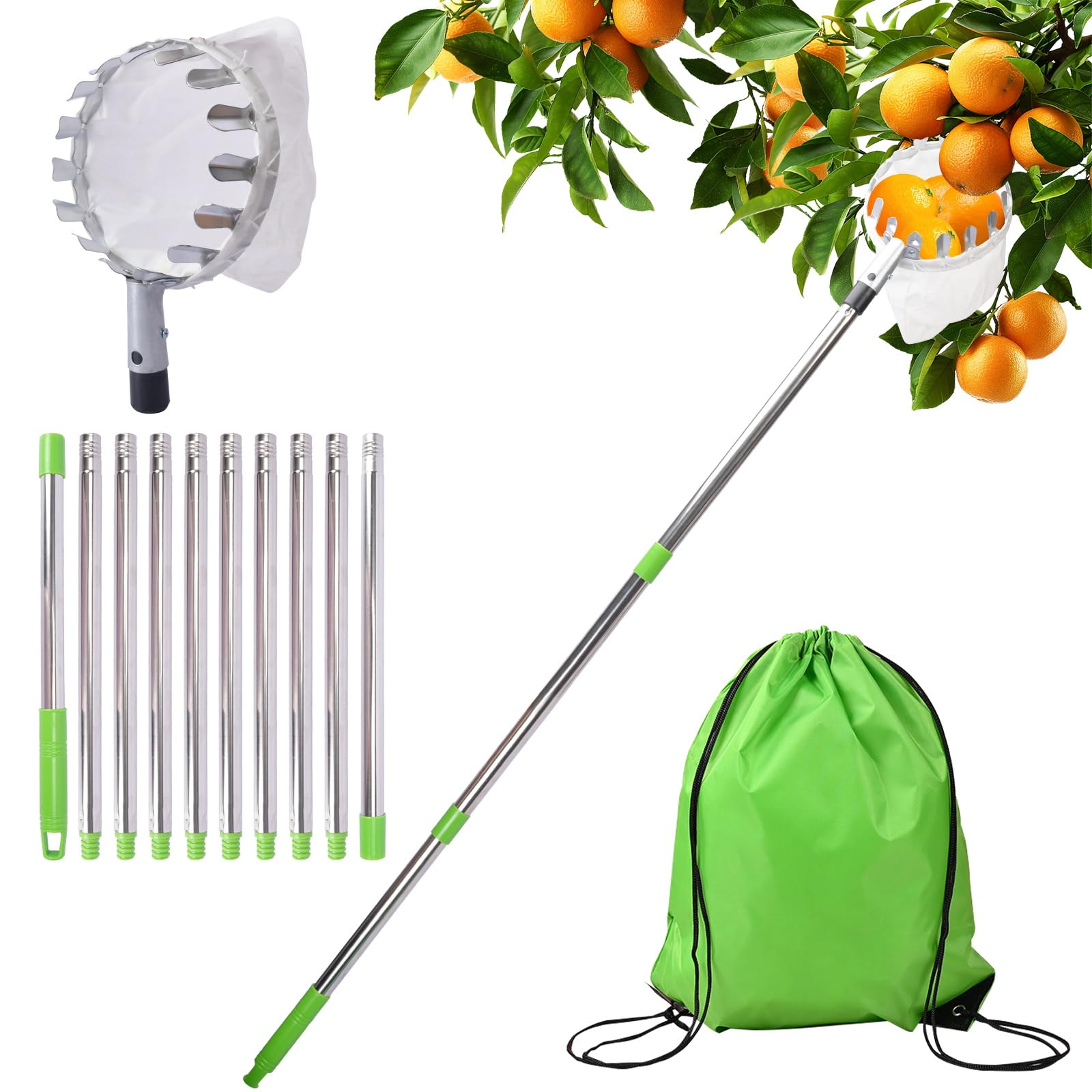 Recoge Frutas Telescopico,Frutas Herramientas Recolectoras,Recogedor de con Varillas de Extensión y con Bolsa de Algodón para Manzanas,Cerezas,Peras y Melocotones