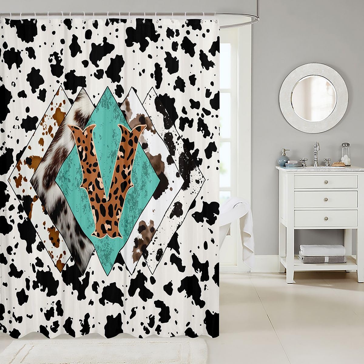 Rideau de douche lettre V taille L léopard monogramme alphabet imprimé cuir de vache rideau de bain pour adultes design rustique rétro rideaux de bain imperméables avec 12 crochets pour baignoire