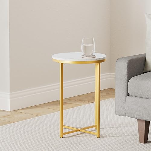 Miniatura 2 de TECHMILLY Mesa auxiliar redonda, mesa de sofá de mármol sintético, mesa auxiliar con marco de metal, mesita de noche dorada moderna, mesa de centro