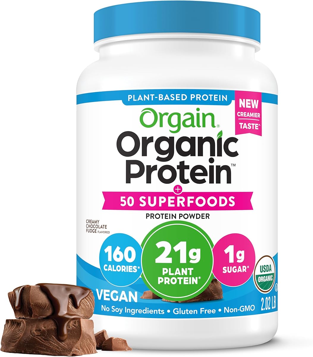 Orgain Organic Vegan Protein + 50 Superfoods Powder, Creamy Chocolate Fudge - 21g Plant Based Protein, 9g Prebiotic Fiber, No Lactose, Gluten Free, No Added Sugar, 2.02 lb (Packaging May Vary) : Everything Else
