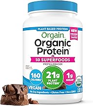 Orgain Organic Vegan Protein + 50 Superfoods Powder, Creamy Chocolate Fudge - 21g Plant Based Protein, 9g Prebiotic Fiber, No Lactose, Gluten Free, No Added Sugar, 2.02 lb (Packaging May Vary)