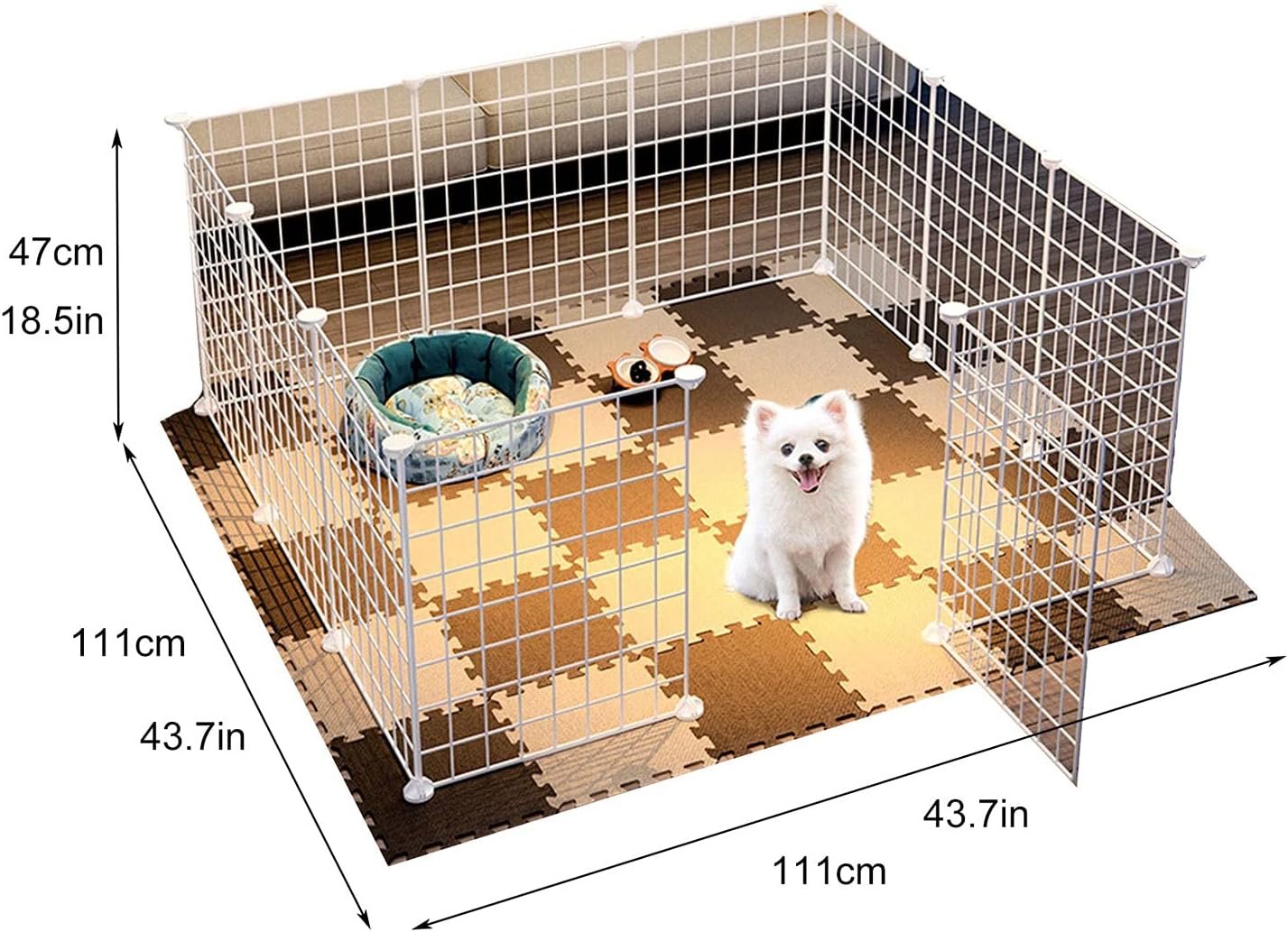 Assembled pet fence with dimensions indicated