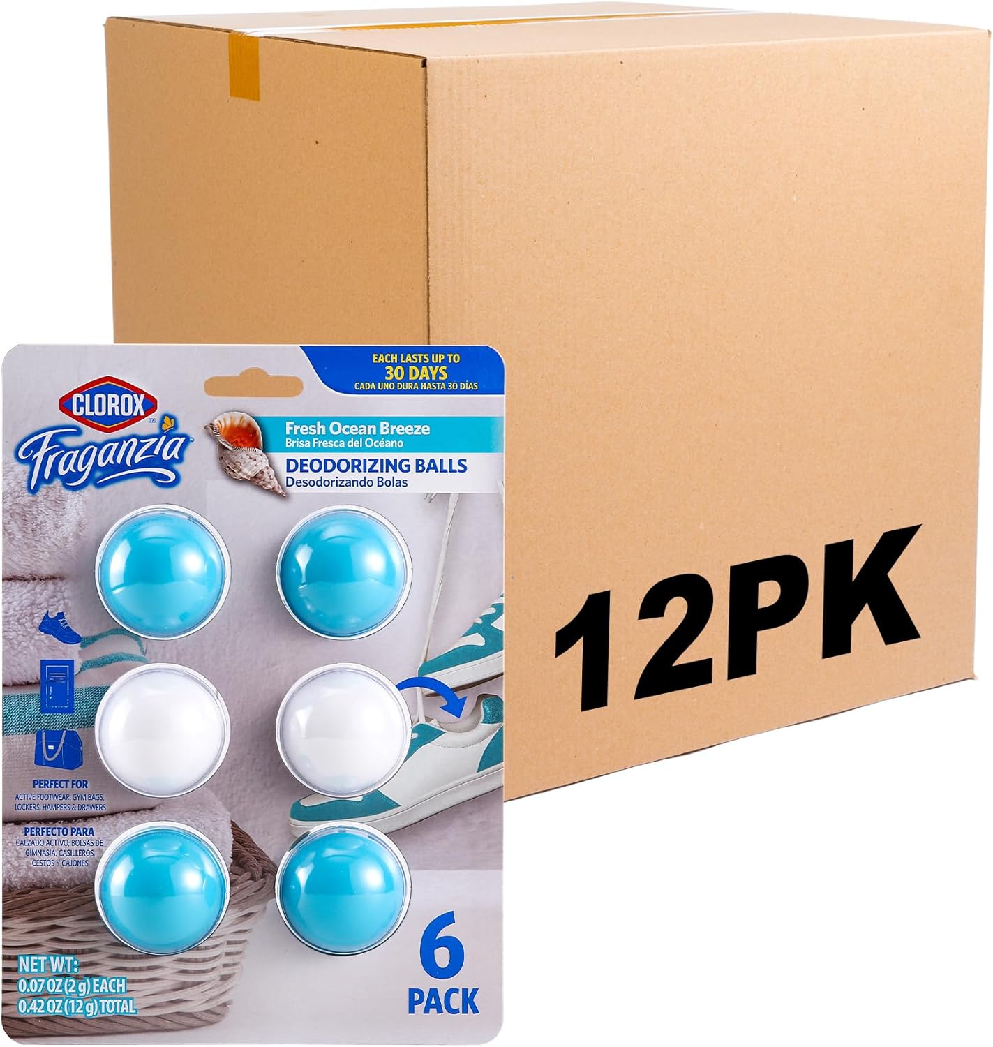 Clorox Fraganzia Deodorizing Balls for Shoes & Small Spaces, Battery-Free No-Plug Air Freshener Pods, Twist-to-Activate Odor Refresher for Gym Bags, Lockers & Drawers, Fresh Ocean Breeze, 6 Ct - 12 Pk