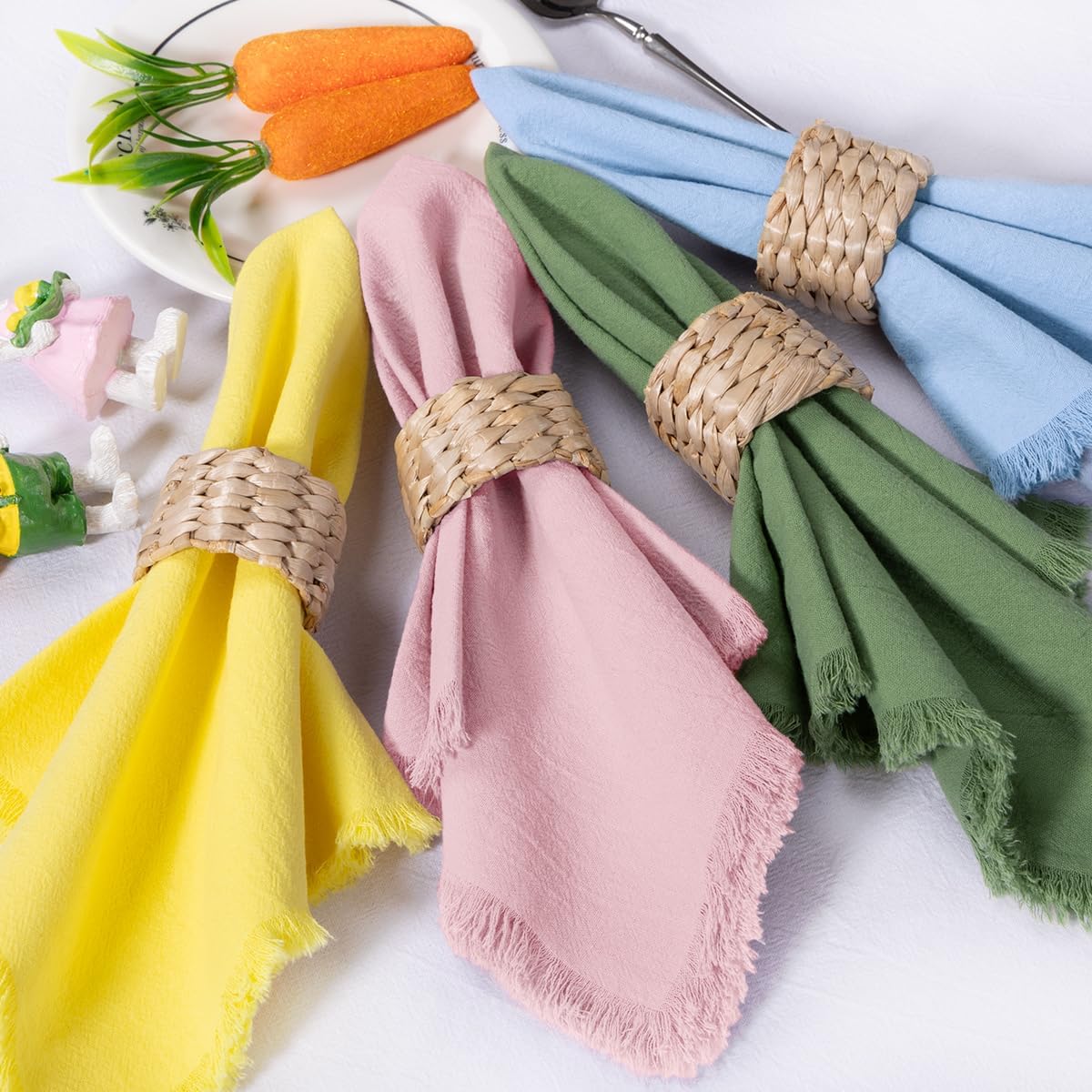 DeZerlor 12 Pack Easter Color Cotton Linen Napkins with Fringe Easter Summer Cloth Napkins Set of 12 Boho Handmade Dinner Napkins Bulk for Wedding Bridal Baby Boy Shower Parties, 17 x 17