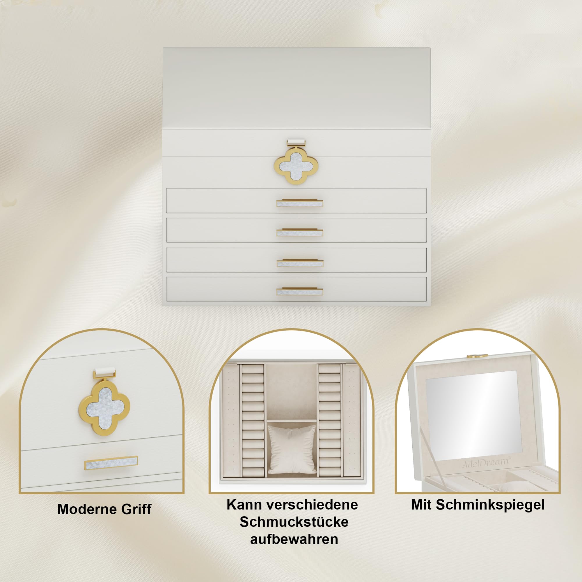 ADEL DREAM Portagioie a 5 ripiani con bottone a forma di quadrifoglio, con vassoio estraibile, organizer per gioielli con grande specchio, scomparti regolabili fai da te, per mamme e ragazze bianco