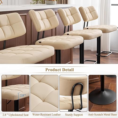 Miniatura 5 de Furniliving Juego de 2 taburetes de bar modernos, de piel sintética, tapizados con respaldo, sillas de bar ajustables, altura de mostrador para isla