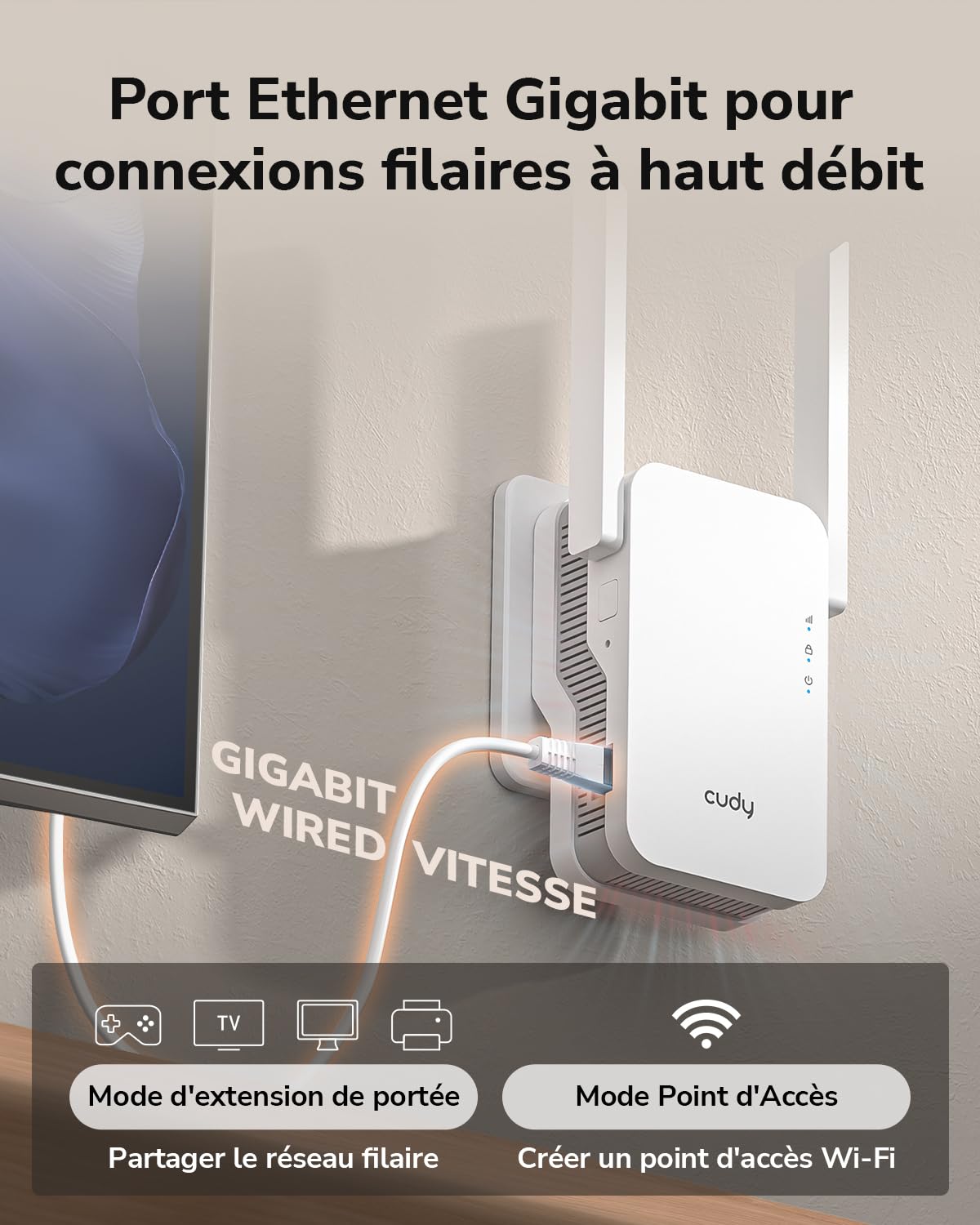 Cudy BE3600 WiFi 7 : répéteur Wi-FI, Port Gigabit, réseau maillé, RE3600 | BE3600 2882 + WiFi 7 à 688 Mbps, 1 port Gigabit, 160 MHz/4K-QAM, MLO/MRU/Puncturing, module enfichable, 50 appareils
