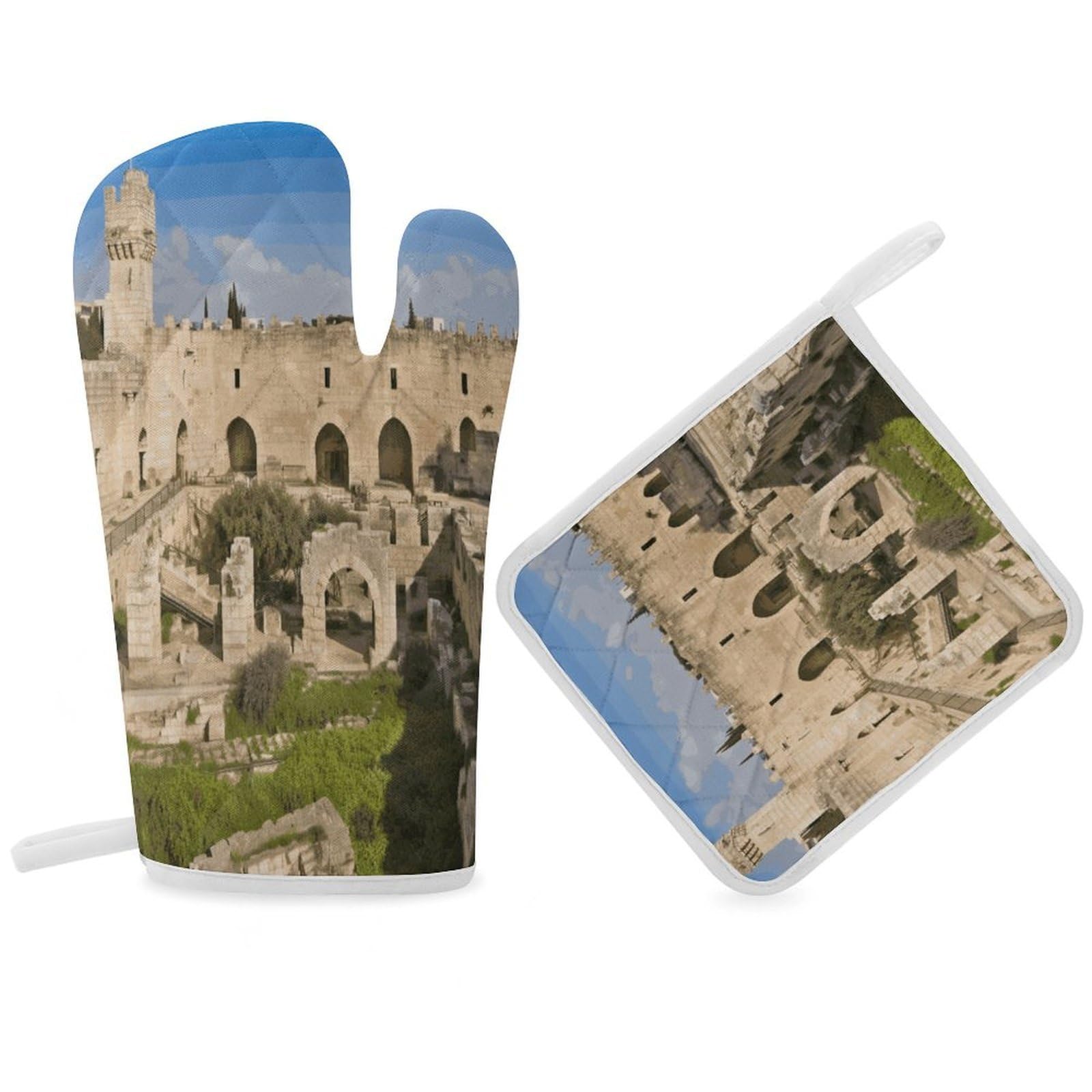 Fodpand Women's Style Israel At The Tower Of David Oven Mitts And Pot Holders Sets,Oven Gloves For Kitchen Oven Mitts And Potholders For Baking Cooking Grilling Apartment Essentials