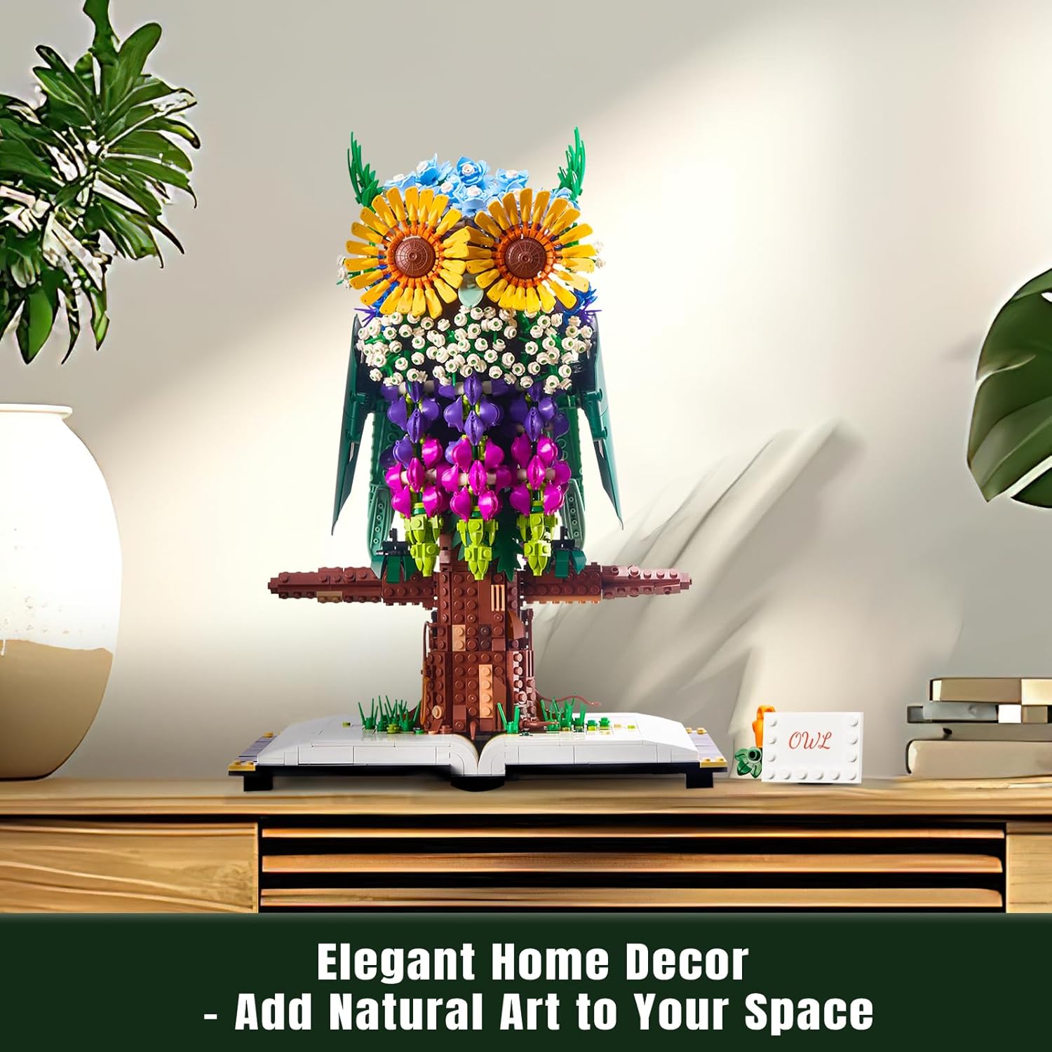 The finished IKUPER Creative Owl Building Kit displayed as an elegant home decoration on a wooden surface.