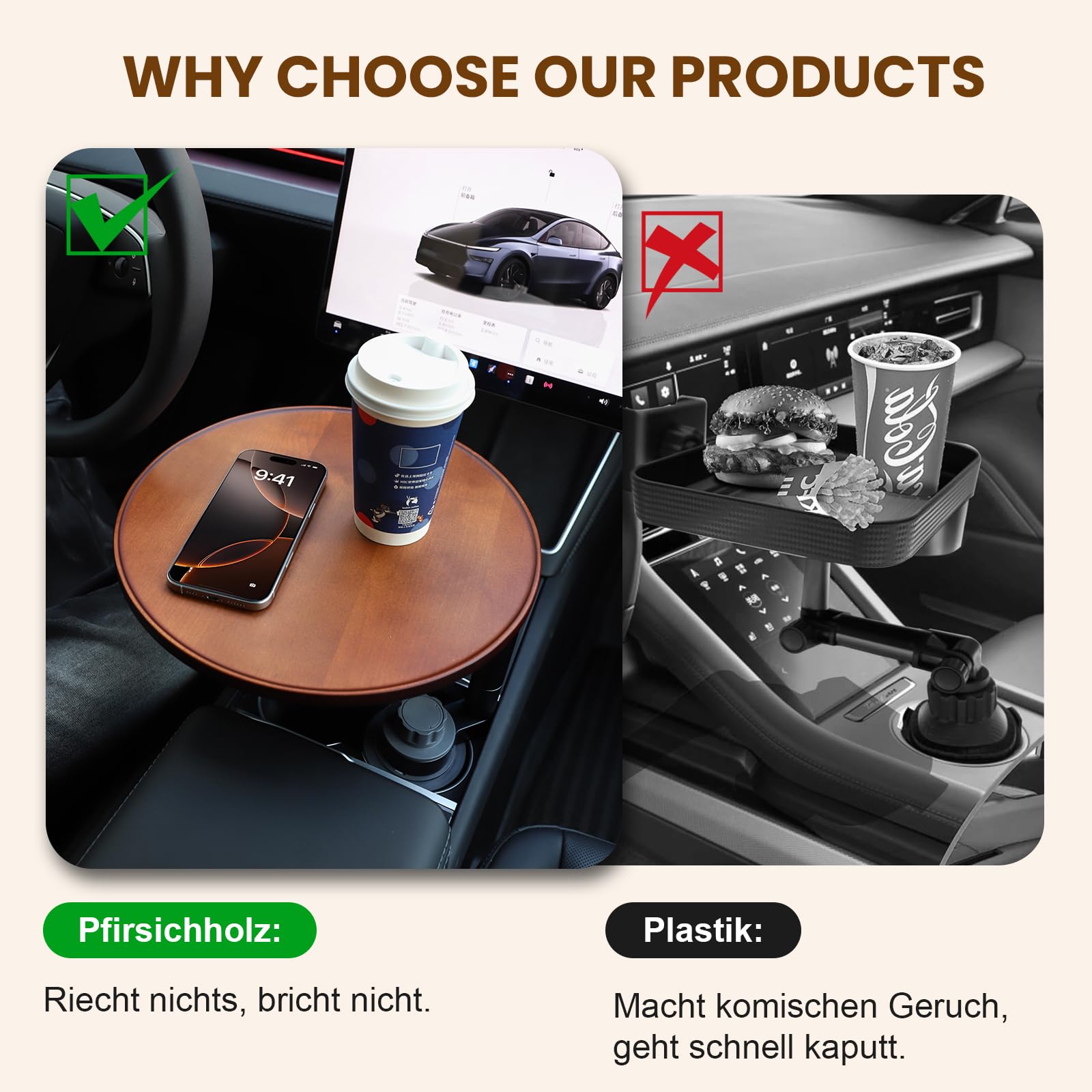 Plateau de voiture et bureau de voiture pour ordinateur portable, support de gobelet en bois rotatif à 360°, plateau de volant, accessoire de voiture pour femmes et hommes, compatible avec Tesla Model