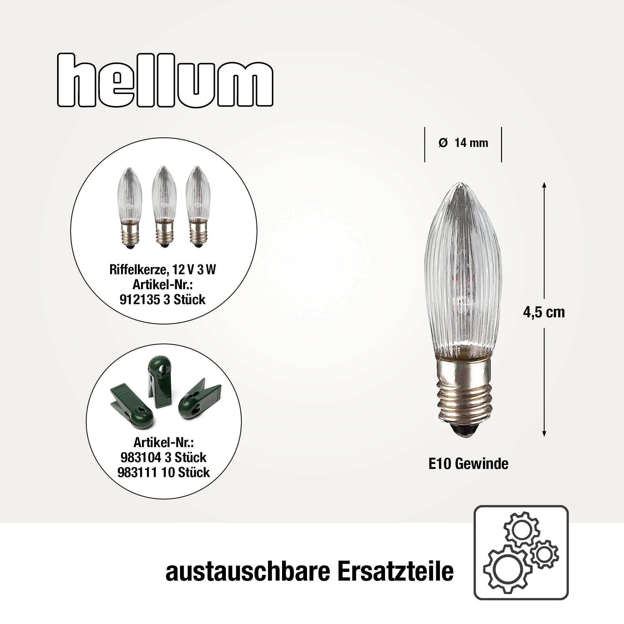 hellum Lichterkette, Made in Germany, Riffelkerzen mit Clip, 20 Lichter, beleuchtete Länge 13,3 m, warmweiß, Schaft weiß, für Innen, teilbarer Stecker, 3 Ersatzkerzen, kein LED <59lm 430127