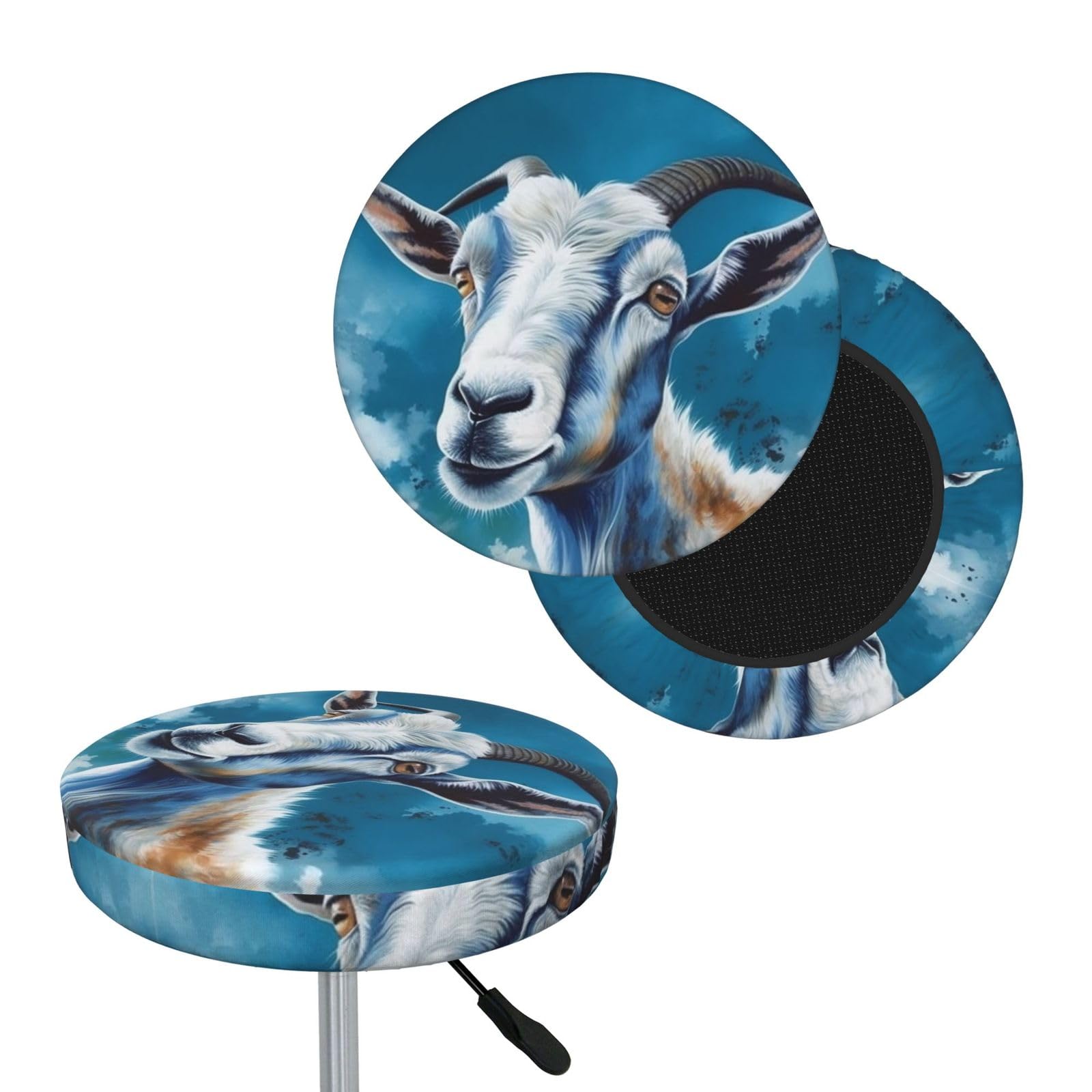 FodPand Blue Goat Print Bar Stool Cover Round Elastic Stool Cushion Covers Washable Bar Stool Chair Slipcover Stretch Stool Seat Covers for 12-14 Inch Chair