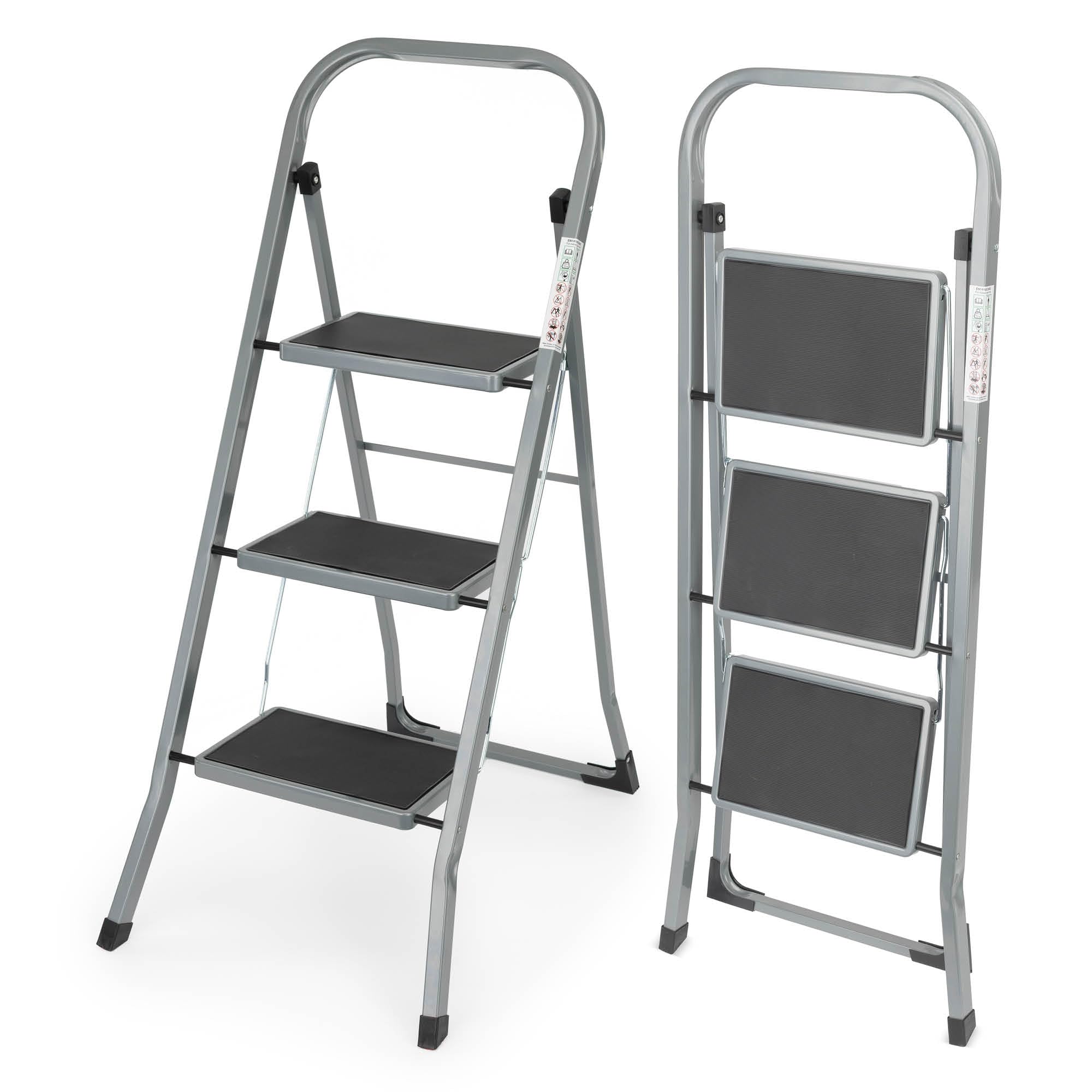 LIVIVO 3 Step Ladder with Handrail – 150kg Load Heavy-Duty Foldable Lightweight Steel Ladder with Anti-Slip Folding Steps & Feet - Slim & Portable Ladders for Home, DIY, Cleaning, House Decorating