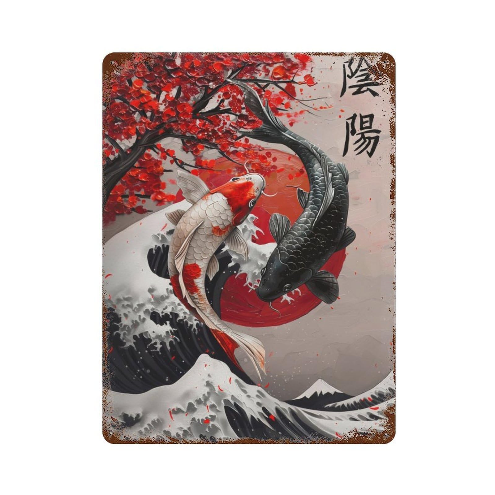 Rust Effect Koi Fish Ying And Yang Oil Painting Vintage Rust Metal Sign 15.7"x11.8", Farmhouse Wall Decor for Farmhouse, Kitchen And Entryway Decor
