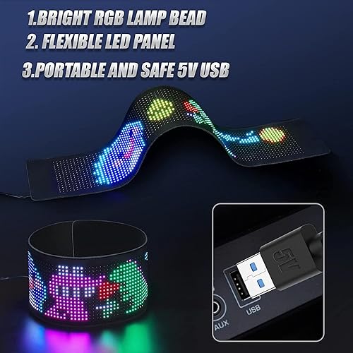 Vista 16 de Letrero LED de desplazamiento para automóvil, flexible USB 5 V, LED, control de aplicación Bluetooth, texto programable/animación