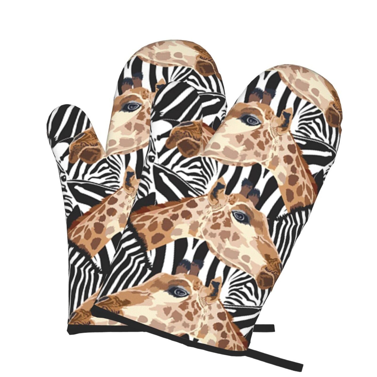 Oven Mitts Set of 2 Pcs, Zebra and Giraffe Prints Heat Resistant Kitchen Gloves for Cooking Baking Grilling