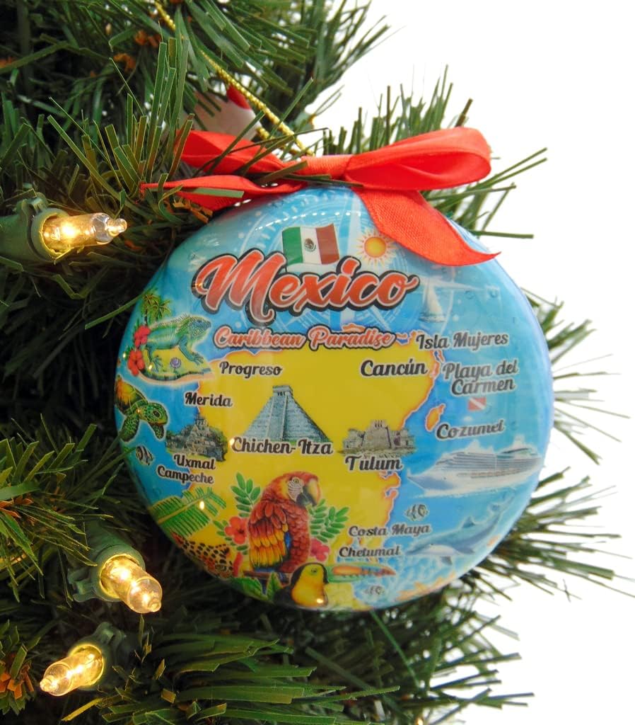 Mexico Christmas Ornament Yucatan Peninsula Cancun and Cozumel Vacation Souvenir Decoration with Colorful Map - Image 2