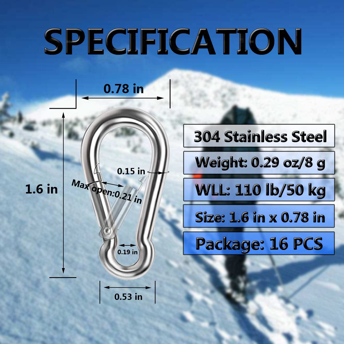 Mousquetons à ressort en acier inoxydable 304 - Pour le camping, la randonnée, le balançoire, la gym, le hamac