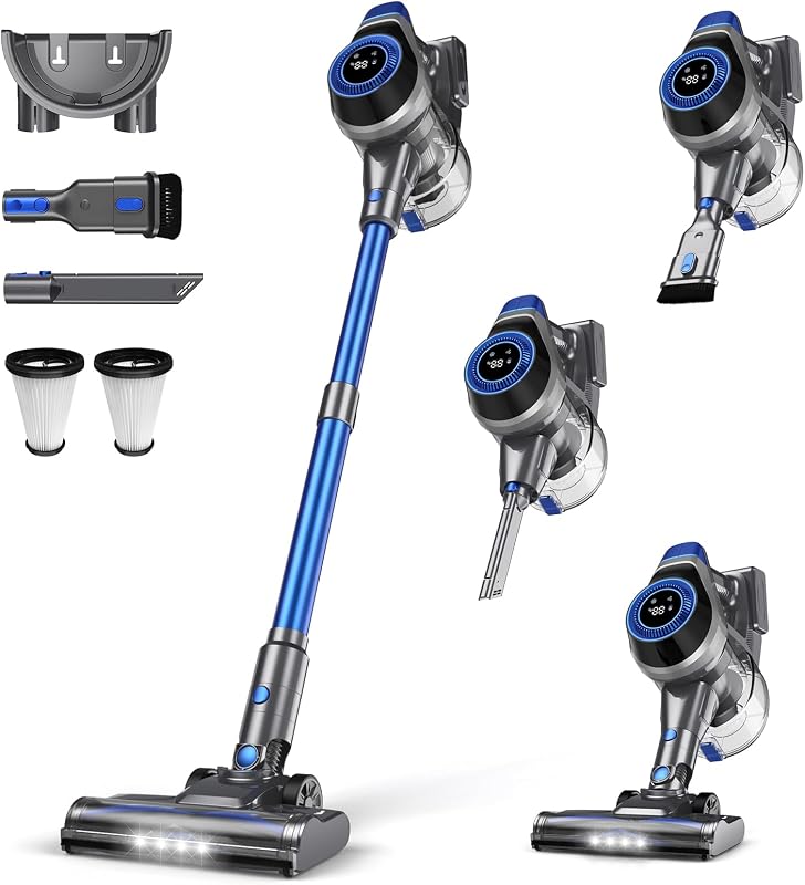 Aspiradora inalámbrica N1, aspiradora inalámbrica 400W 35KPa para el hogar, aspiradora de varilla inalámbrica con pantalla LED, aspiradora de varilla recargable autónoma antienredos (azul)