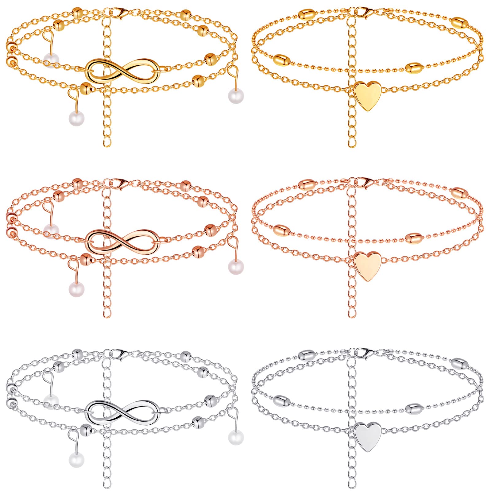 Yaomiao6 Pieces Ankle Bracelets for Women Adjustable Heart Anklet Boho Layered Pearl Ankle Bracelet Beach Beads Foot Bracelet Jewelry