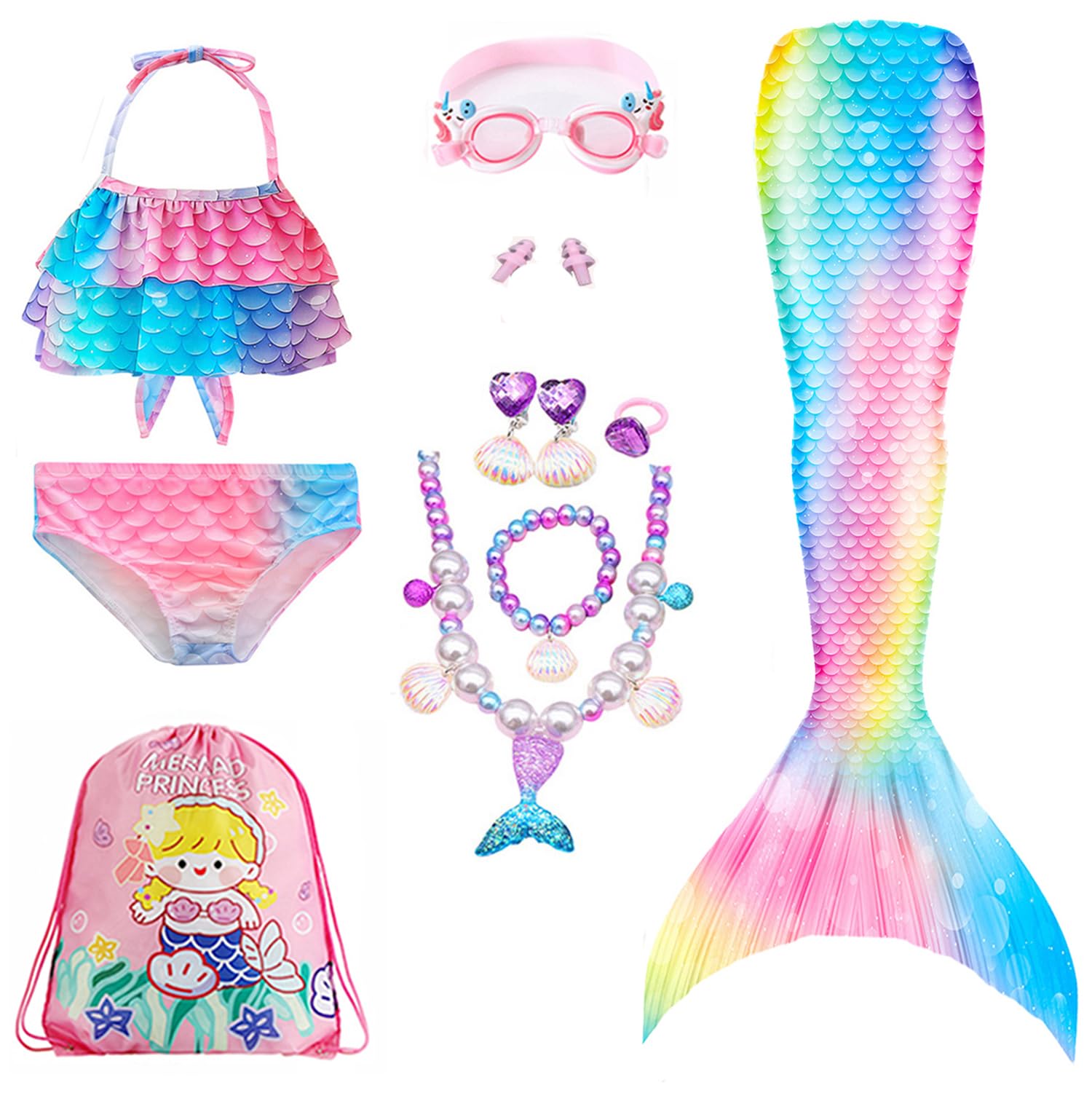 MoonmenMermaid Tail Swimsuit Swimmable Princess Bikini Set Swimsuit Costume for Girls With Jewelry goggles Backpack for Big Girls
