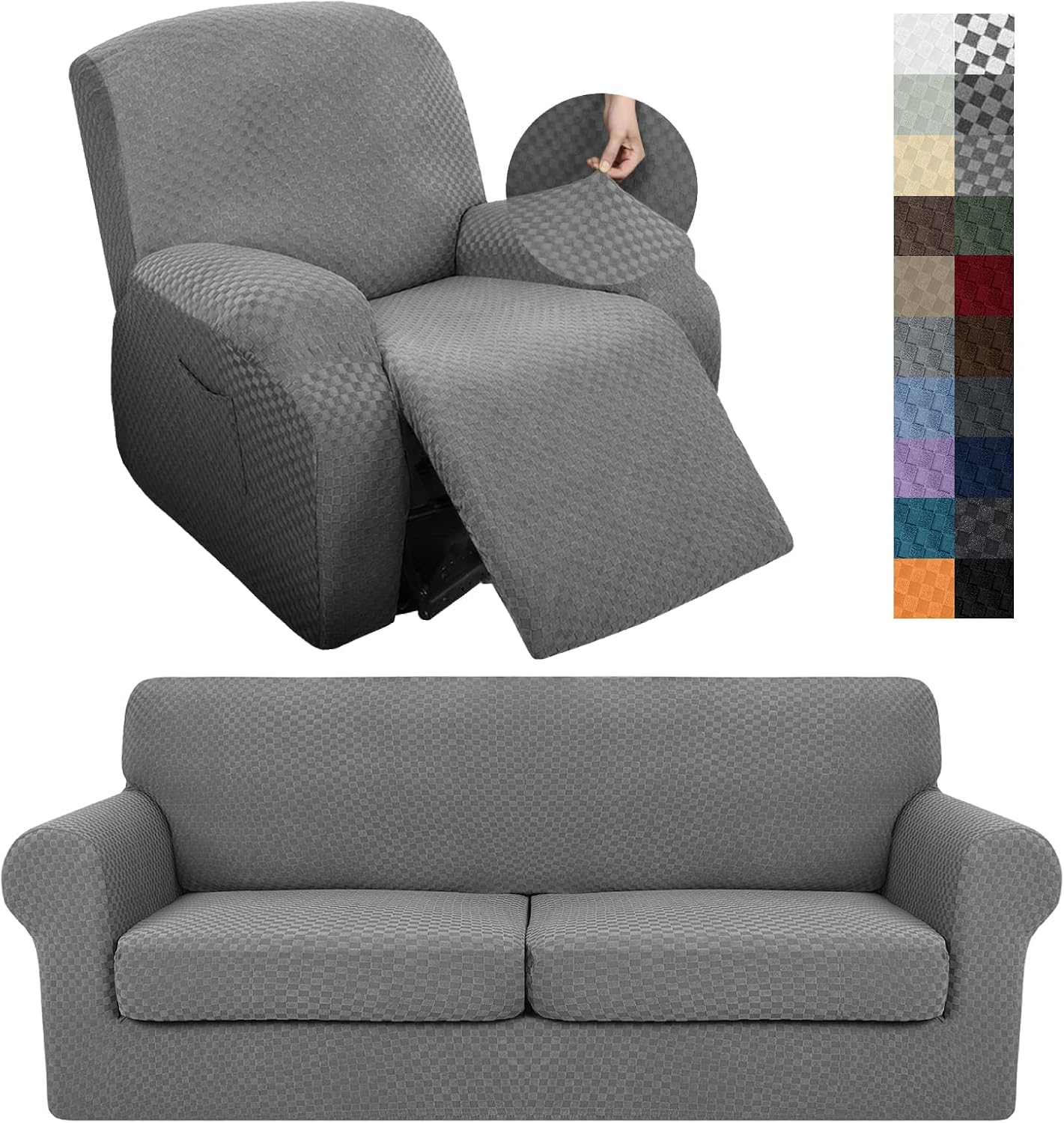 YEMYHOM 3 Pieces Couch Covers for 2 Extra Large Cushion Couch + 4 Pieces Recliner Chair Covers (Light Gray)