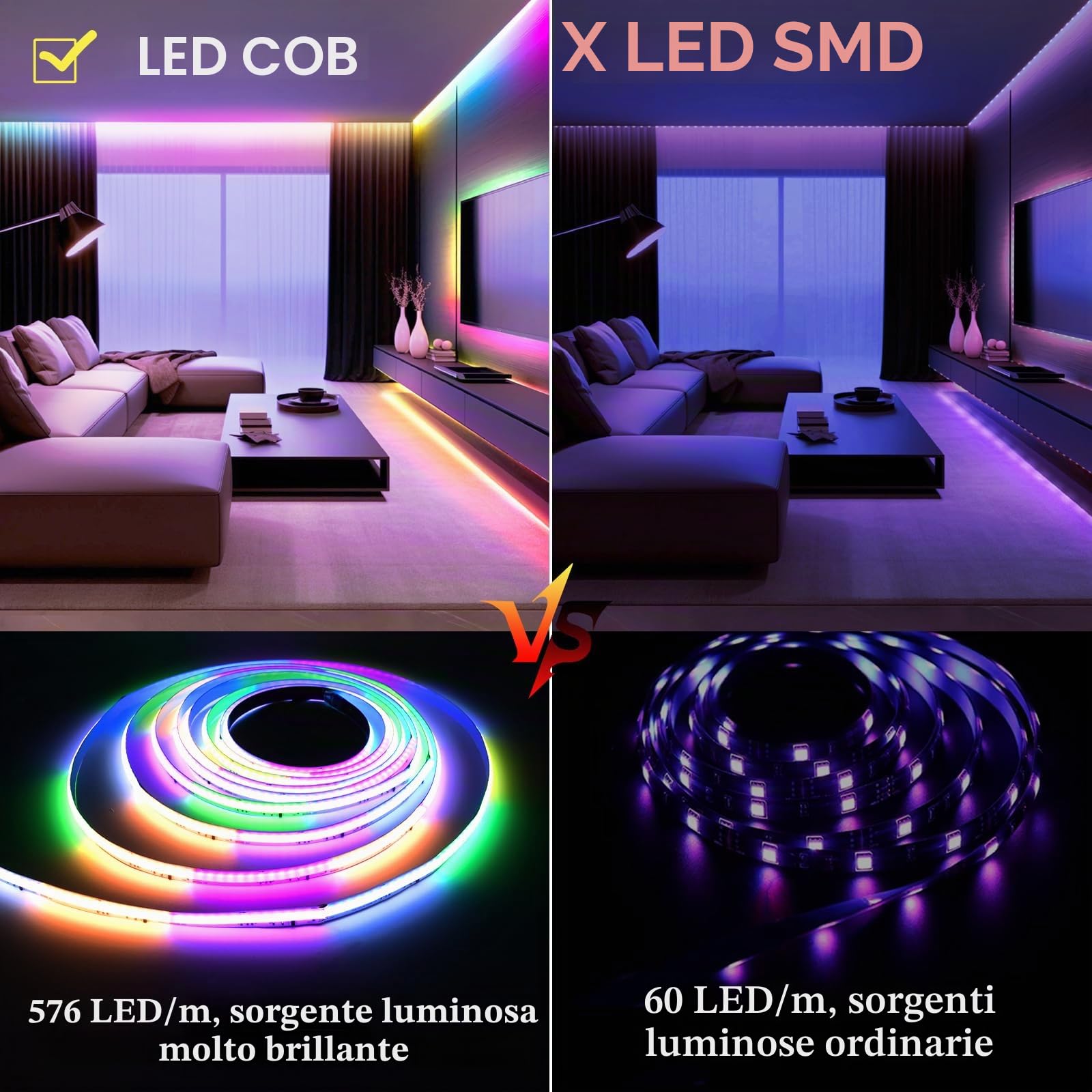 RGB+IC - Nastro LED COB 10 m, striscia led strip con controller WIFI 576 LEDs/M 24 V, dimmerabile, multicolore