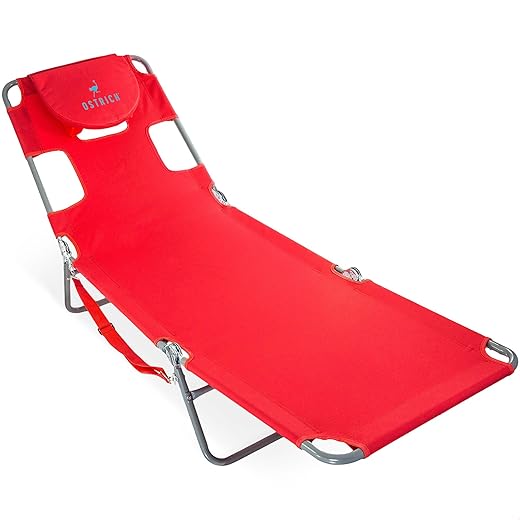Ostrich Beach Lounge Chair, Folding & Reclining Outdoor Chaise Lounger, Red - Portable Adjustable Recliner Chair for Lawn, Pool, Patio, Garden, and Yard