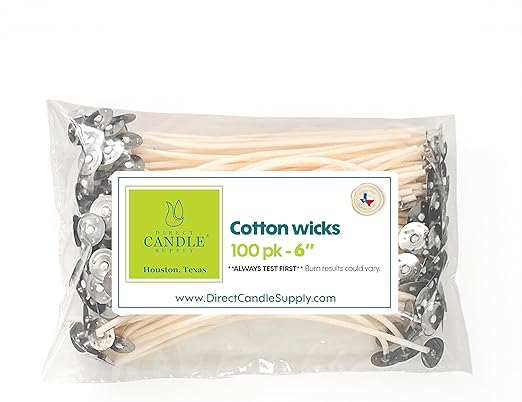 6" Pre Waxed Cotton Wicks 100pk for Candle Making - 100% Cotton Wick Made in USA