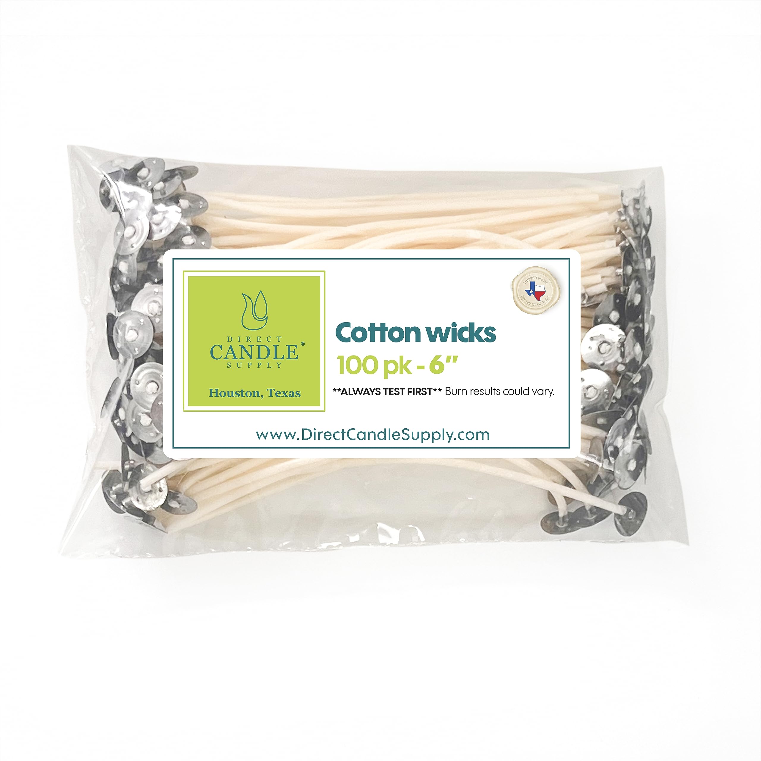Direct Candle Supply 6" Pre Waxed Cotton Wicks 100pk for Candle Making - 100% Cotton Wick Made in USA