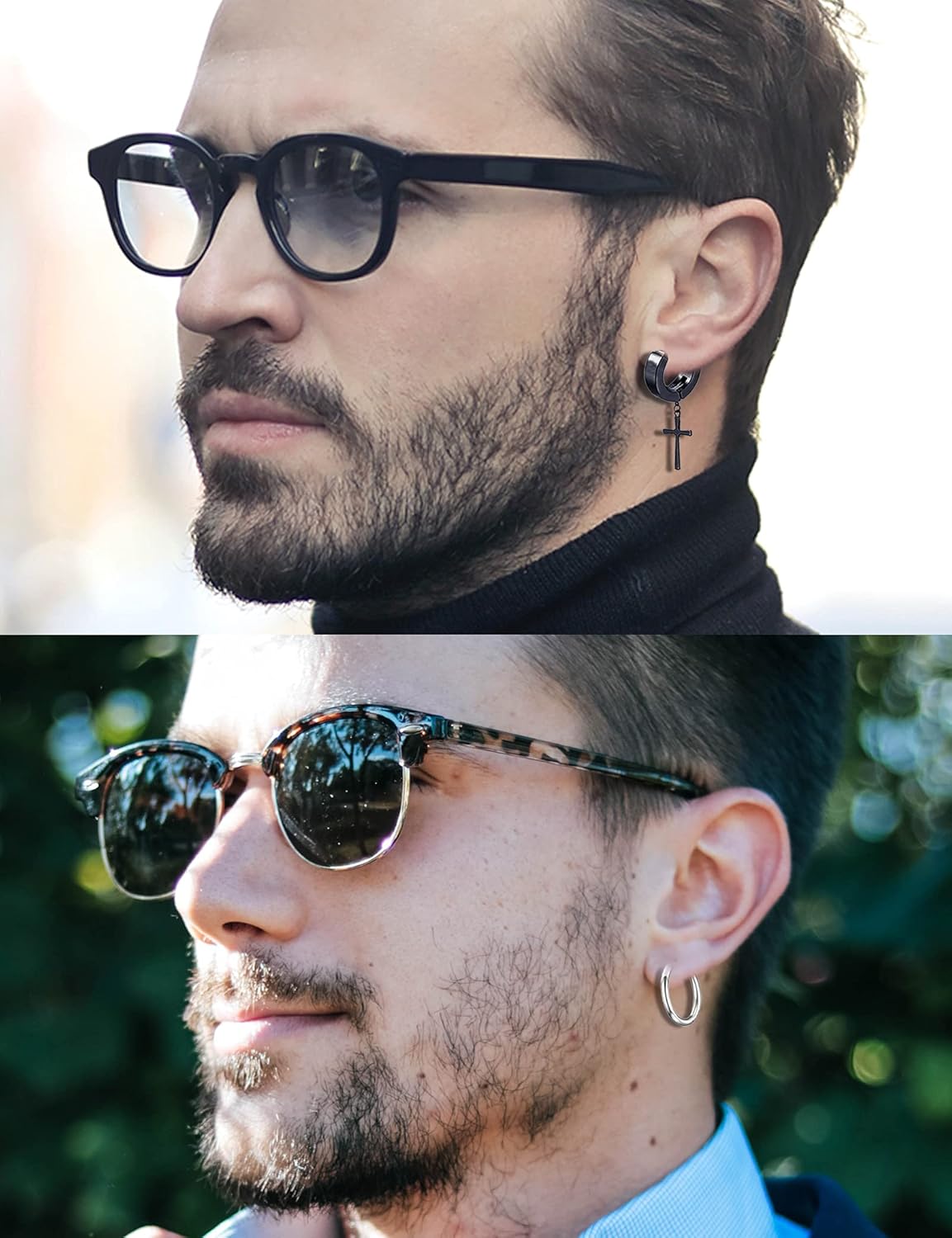 12 Pairs Magnetic Stud Earrings Stainless Steel CZ Hoop Punk Feather Dangle Hinged Non-Piercing Earrings Clip on Magnet Earring Set for Women Men Silver Plated - Image 3