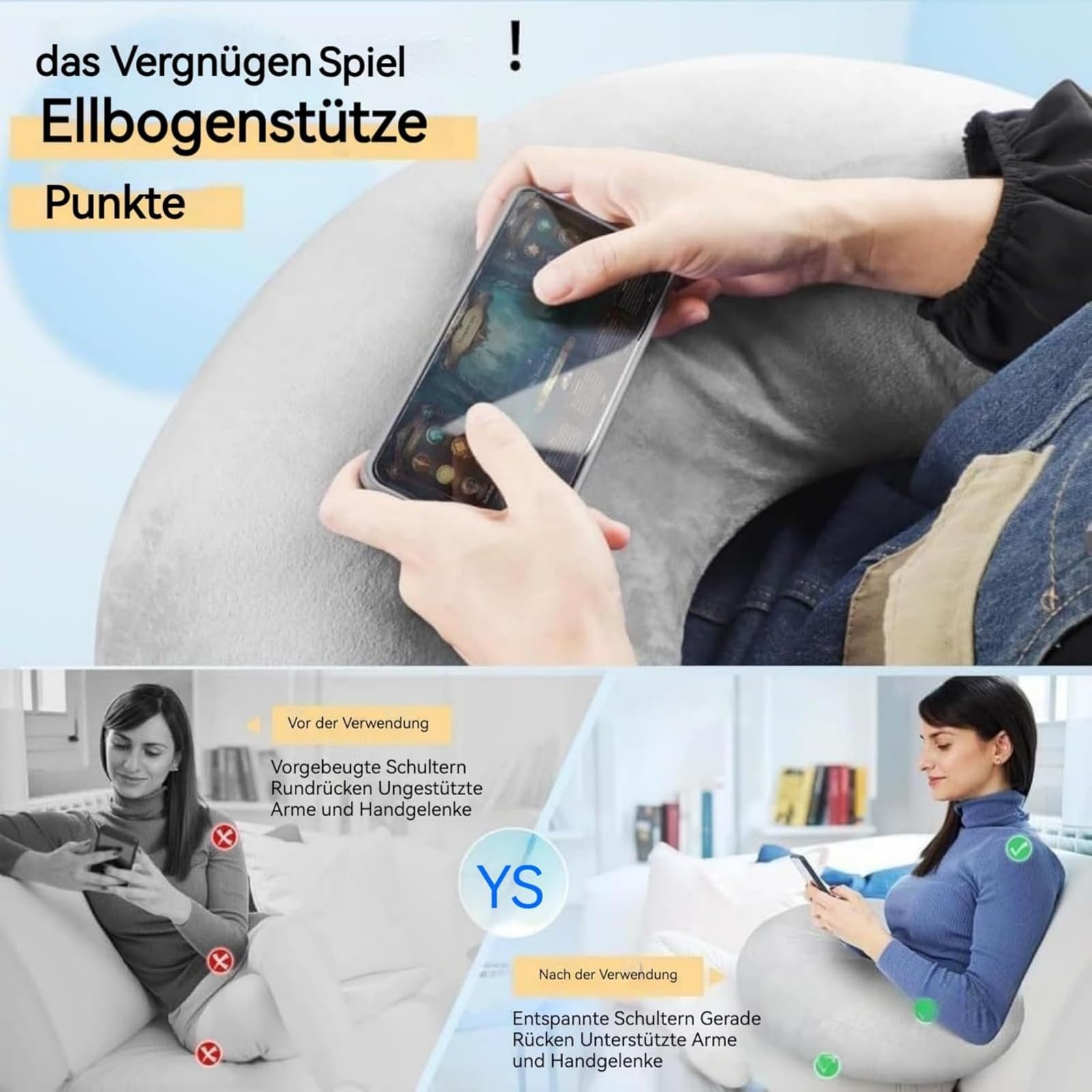 Generisch Cojín de punto, cojín ergonómico para manualidades, para momentos creativos, para lectura y juegos, para cama y sofá, cojín para los brazos para leer, jugar, trabajar y hacer ganchillo (gris