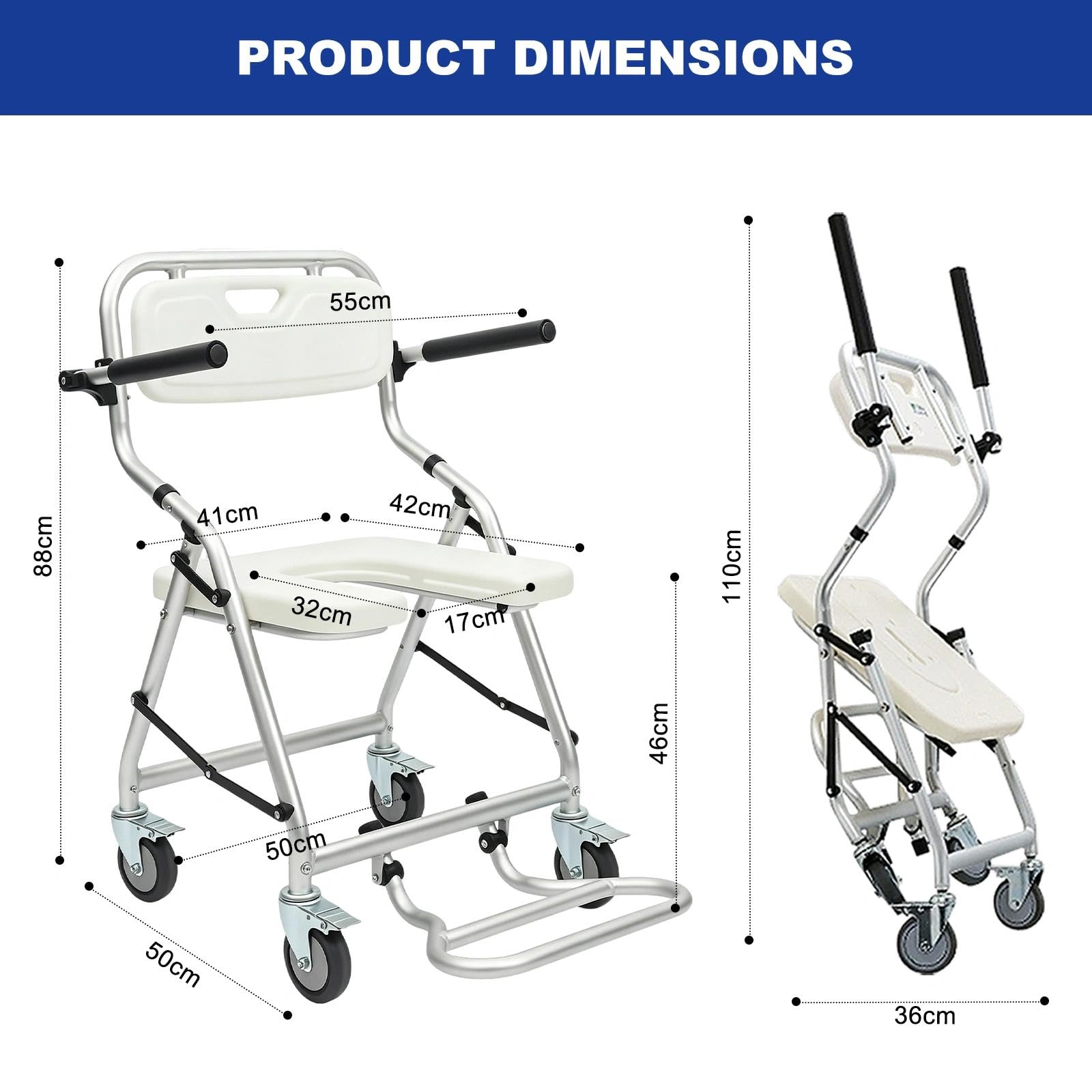 Silla de Ducha con Ruedas Plegable Aluminio, Capacidad de Carga 120kg