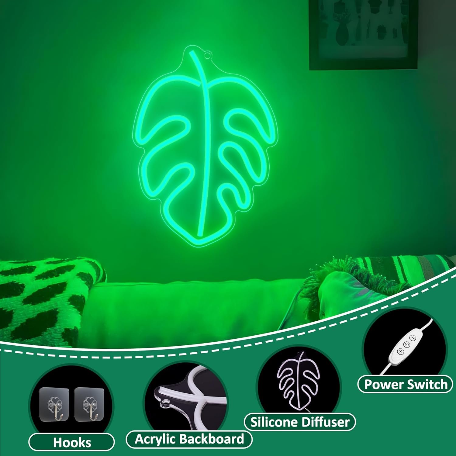 Lampeez Leaf Neon Sign, Green Palm Monstera Leaves LED Light up Signs for Tropical Party Decorations Home Safari Jungle Decor