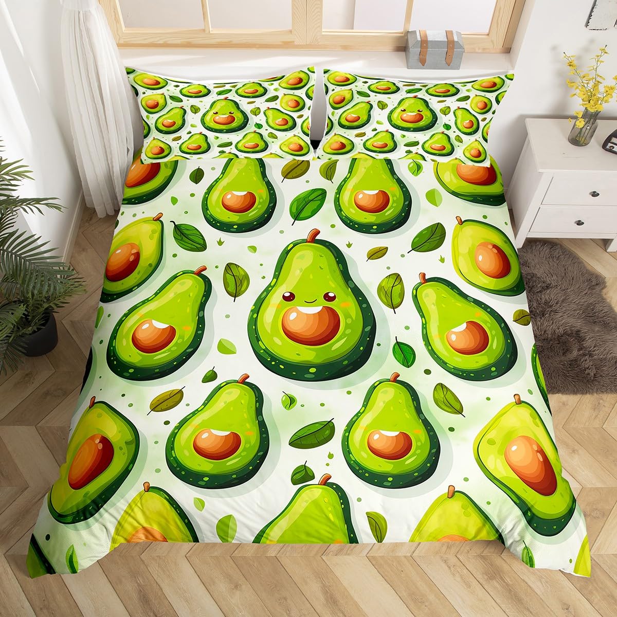 Homewish Avocado Bettwäsche Set 135x200 Sommer Grüne Früchte Druck Bettbezug, Grüne Avocado Dekor Tröster Abdeckung Bunte Polka Dots Print Bettbezug Hawaii Urlaub Stil Bettwäsche