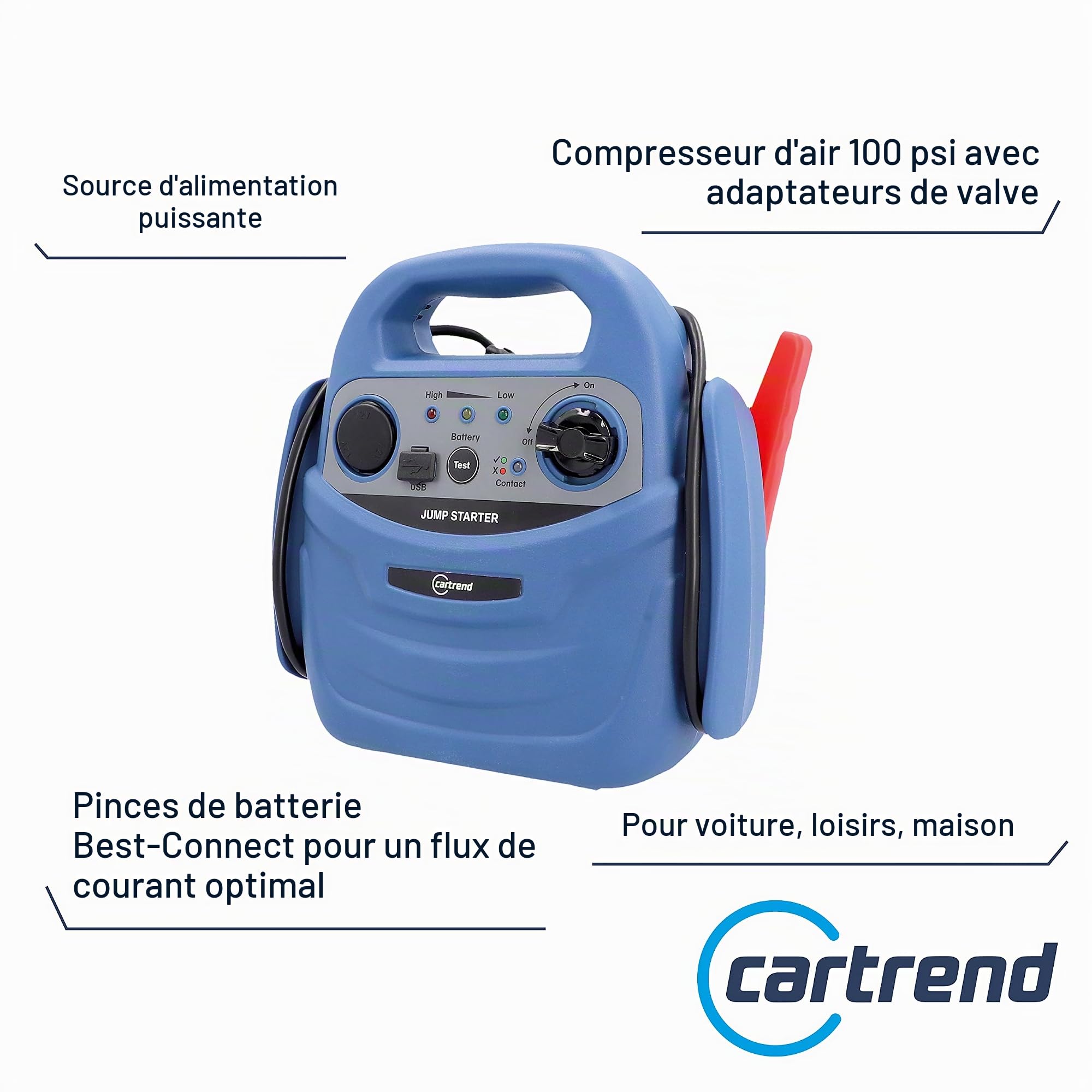 cartrend Station d'alimentation Portable avec compresseur intégré jusqu'à 7 Bar, USB et Connexion Voiture 12 V, 600 A