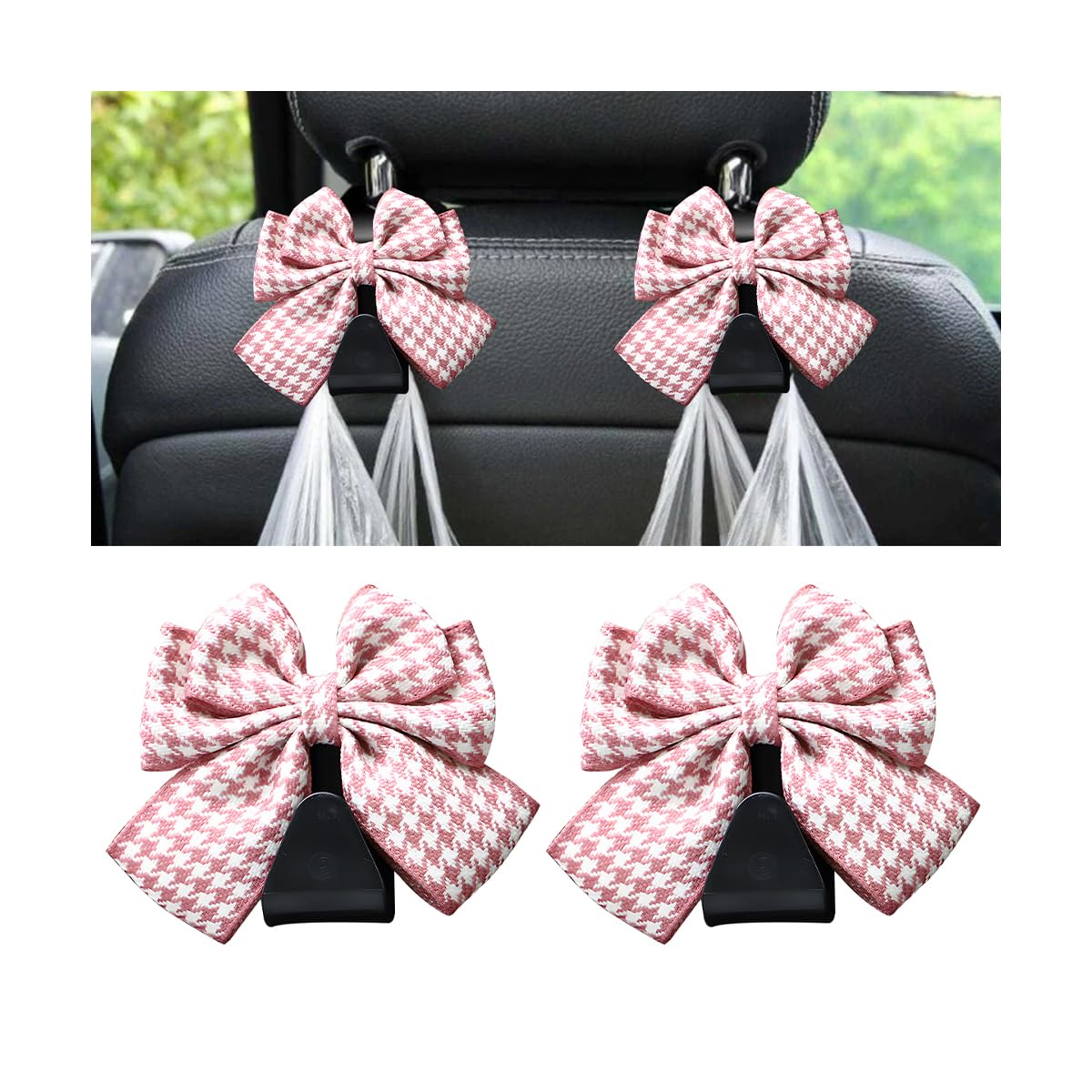 Mandark 2PCS Car Seat Headrest Hooks, Cute Bow Vehicle Hooks for Purses and Bags, Automotive Purse Hook Hanger Interior Decoration Accessories,