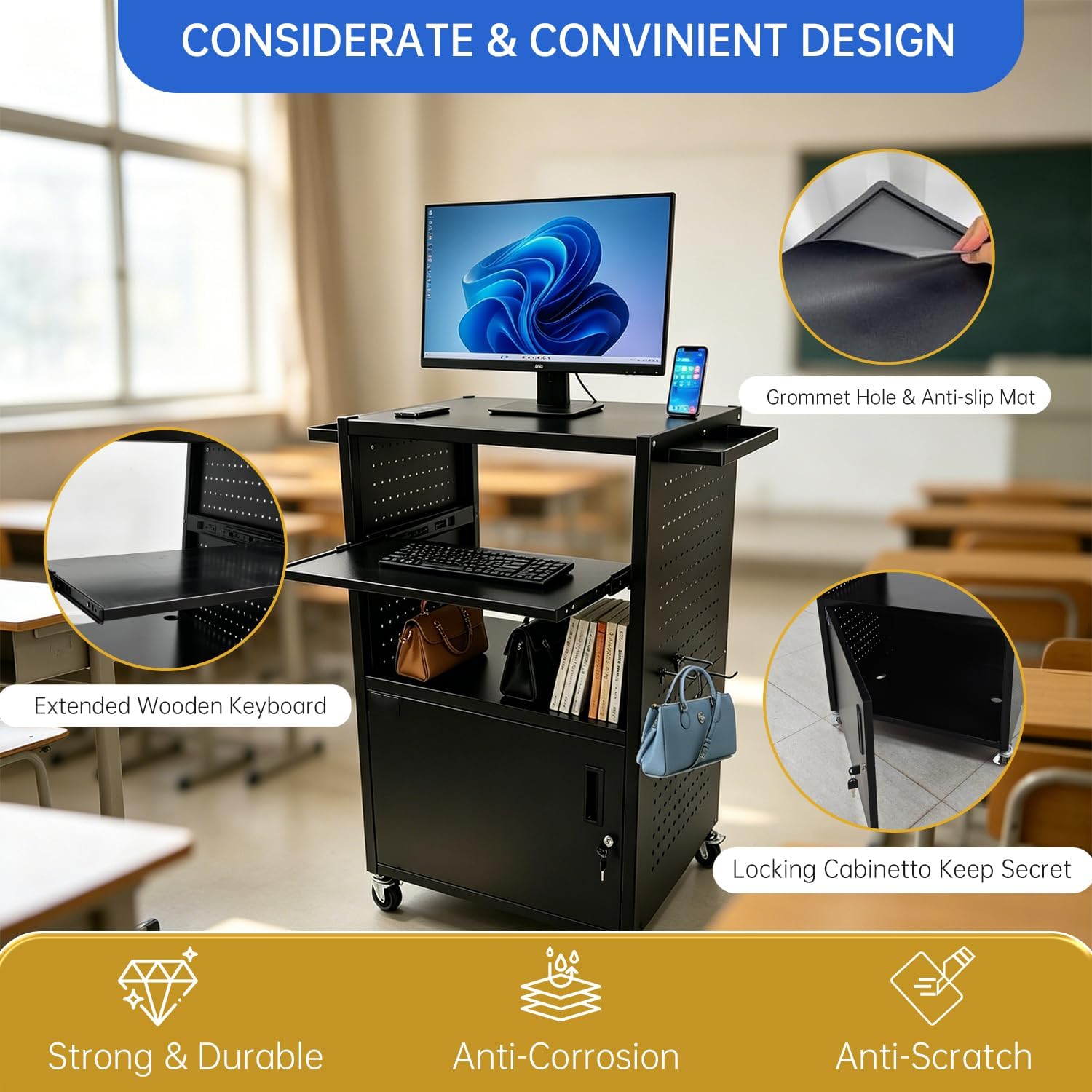 Upgraded AV Cart with Power Strip, Mobile Media Workstation with Pegboard & 12 Hooks, Locking Cabinet, Pull-Out Keyboard Tray, Rolling Computer Cart, Utility Trolley (40" x 18" x 31.5")