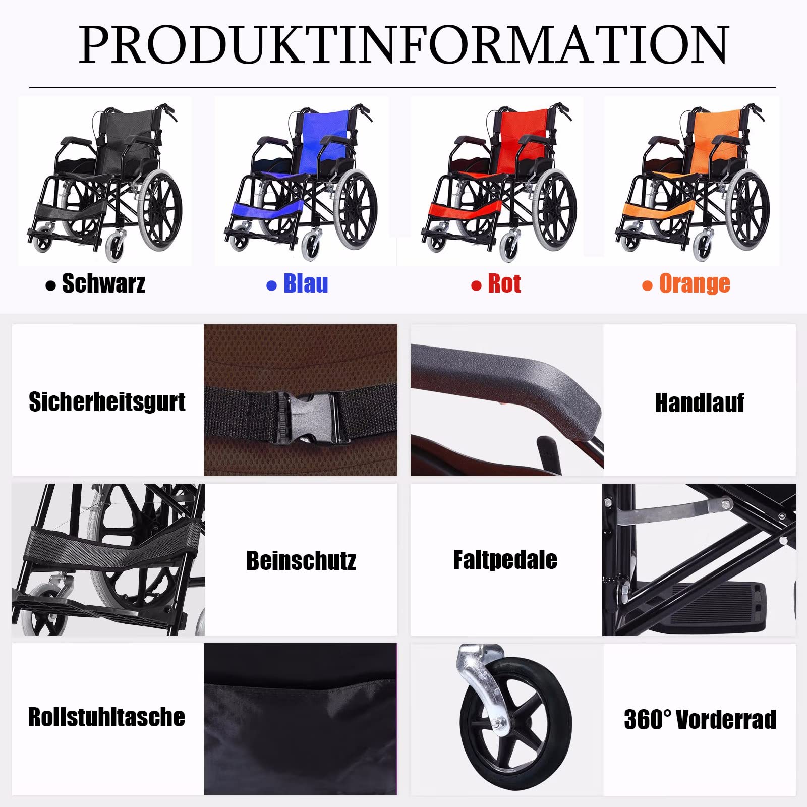 Ultraleicht Rollstuhl Faltbar Leicht Reiserollstuhl, Rollstühle für die Wohnung und Unterwegs, Transportrollstuhl, Trommelbremse, Sitzbreite 50 cm,Rot