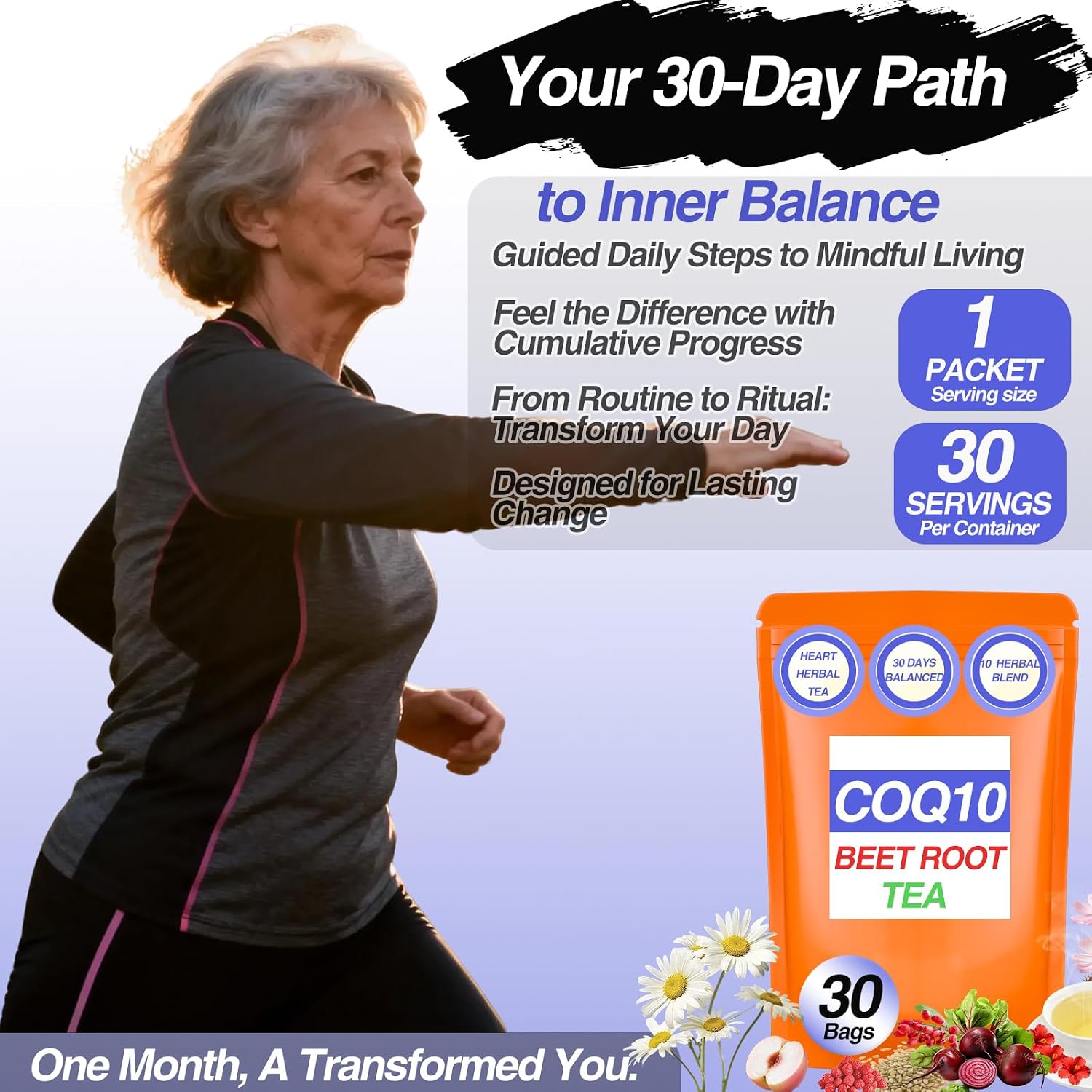 Q10 Blood Pressure Tea - Heart Functional Tea with Hibiscus, Chamomile, Beet Root, Hawthorn Berry - Non-GMO, Caffeine-Free, Sugar Free, Peach Flavor - Organic Plant-Based Pyramid Teabags (30 Servings)