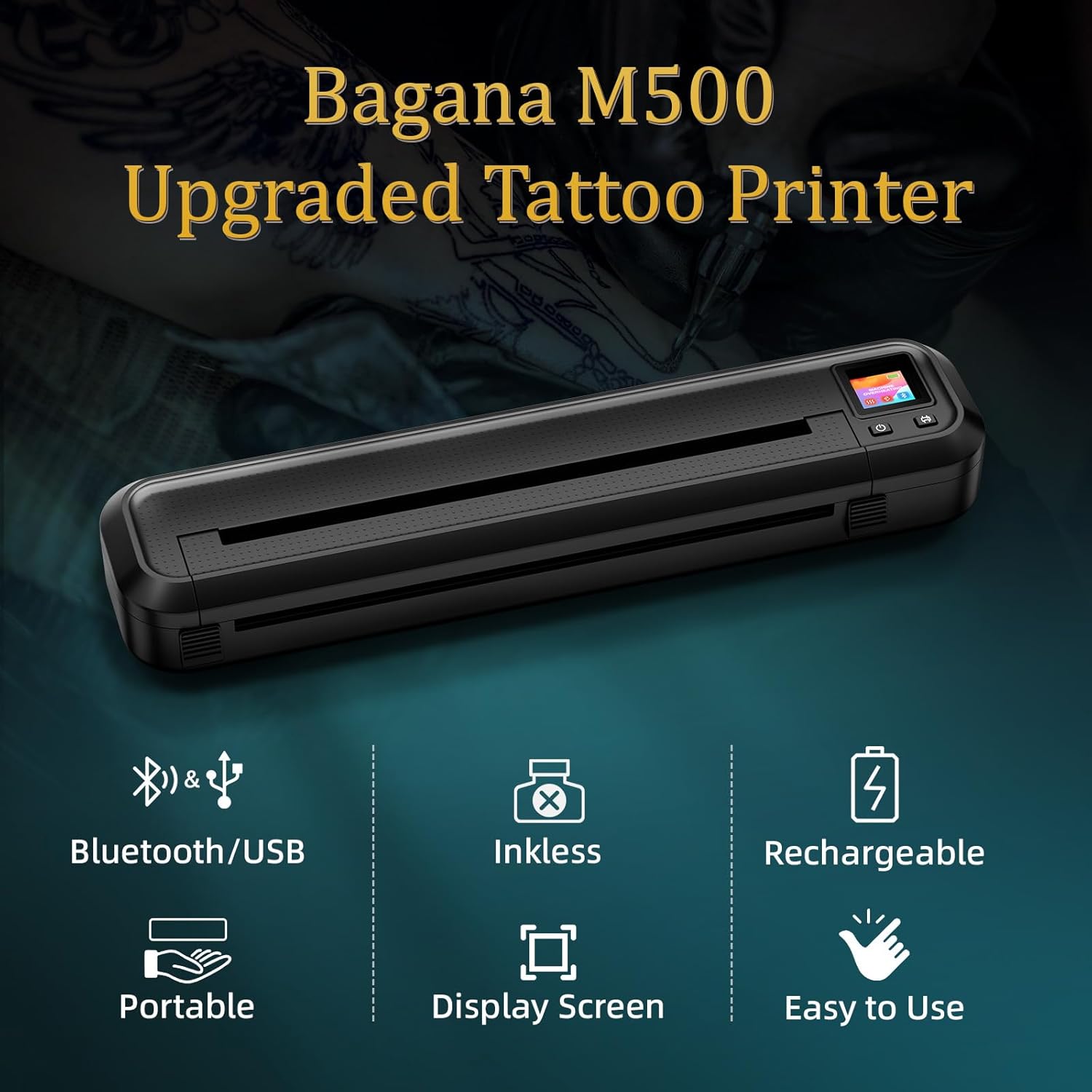 Bagana Tattoo Stencil Printer, M500 Wireless Bluetooth Thermal Portable Tattoo Printer Machine Kit with 10pcs Transfer Paper Compatible with Phones, Tablets & PC