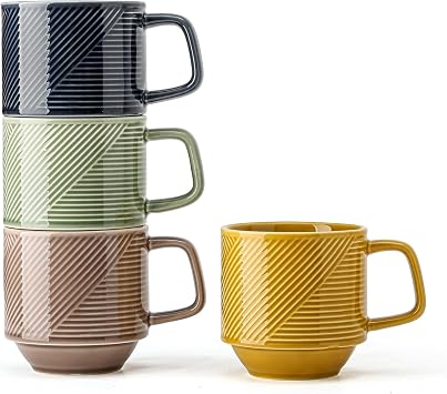Stackable Coffee Mugs Set of 4, Microwave Safe 13 oz Multicolor
