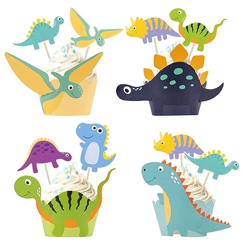 Gyufise 24 adornos para cupcakes de dinosaurio para bebés y 24 envoltorios de dinosaurios para decoración de cupcakes con temática de dinosaurio,
