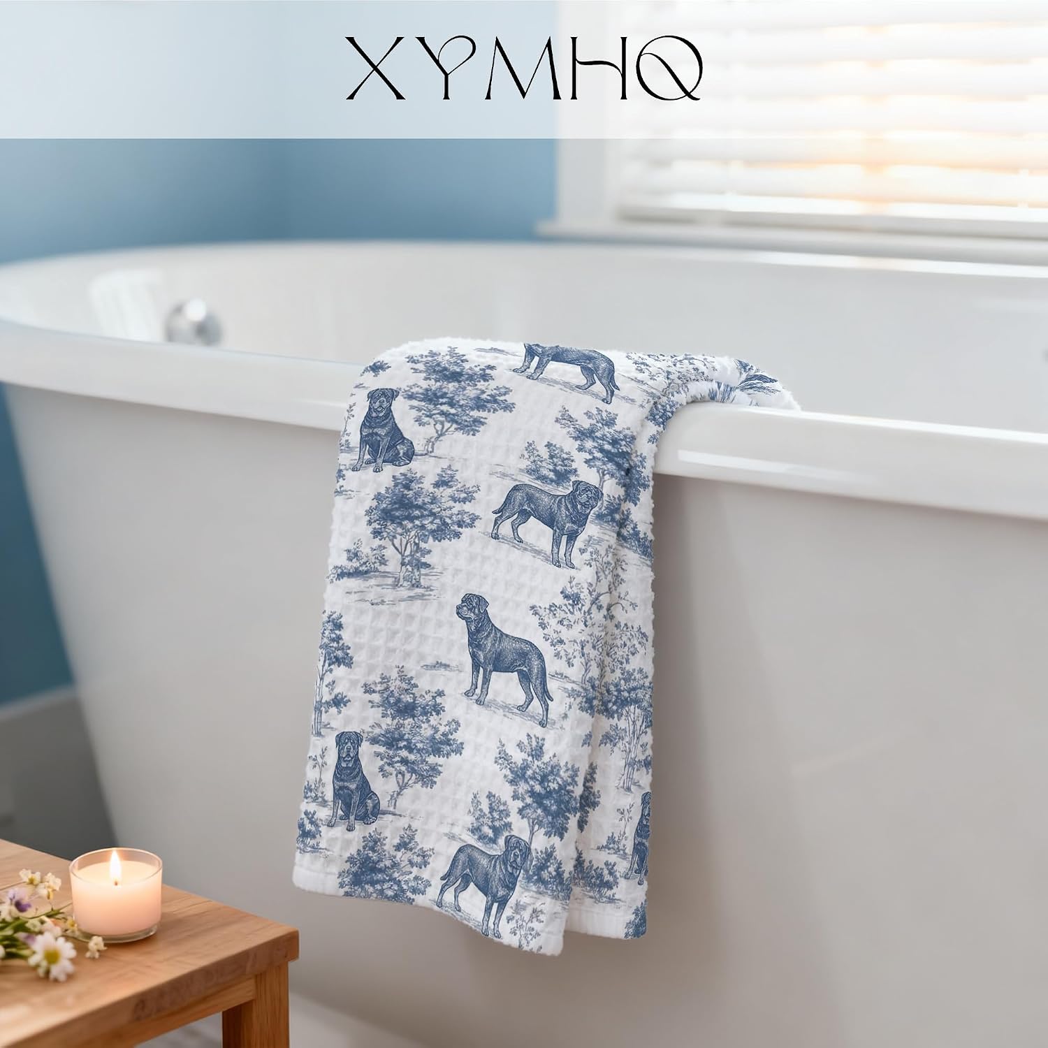 Blue and White Chinoiserie Rottweiler Gift Hand Towels for Bathroom Kitchen, Rottweiler Gifts for Women, Vintage Toile De Jouy Dog Kitchen Dish Tea Towels, 16X24 Inch