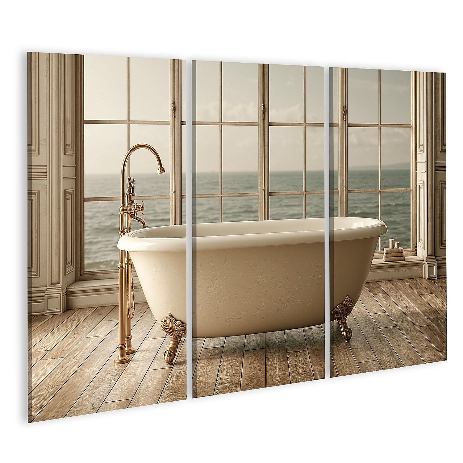islandburner Cuadro sobre lienzo Exclusiva bañera con vistas al mar Mural Baño para amantes de la relajación - 3 piezas