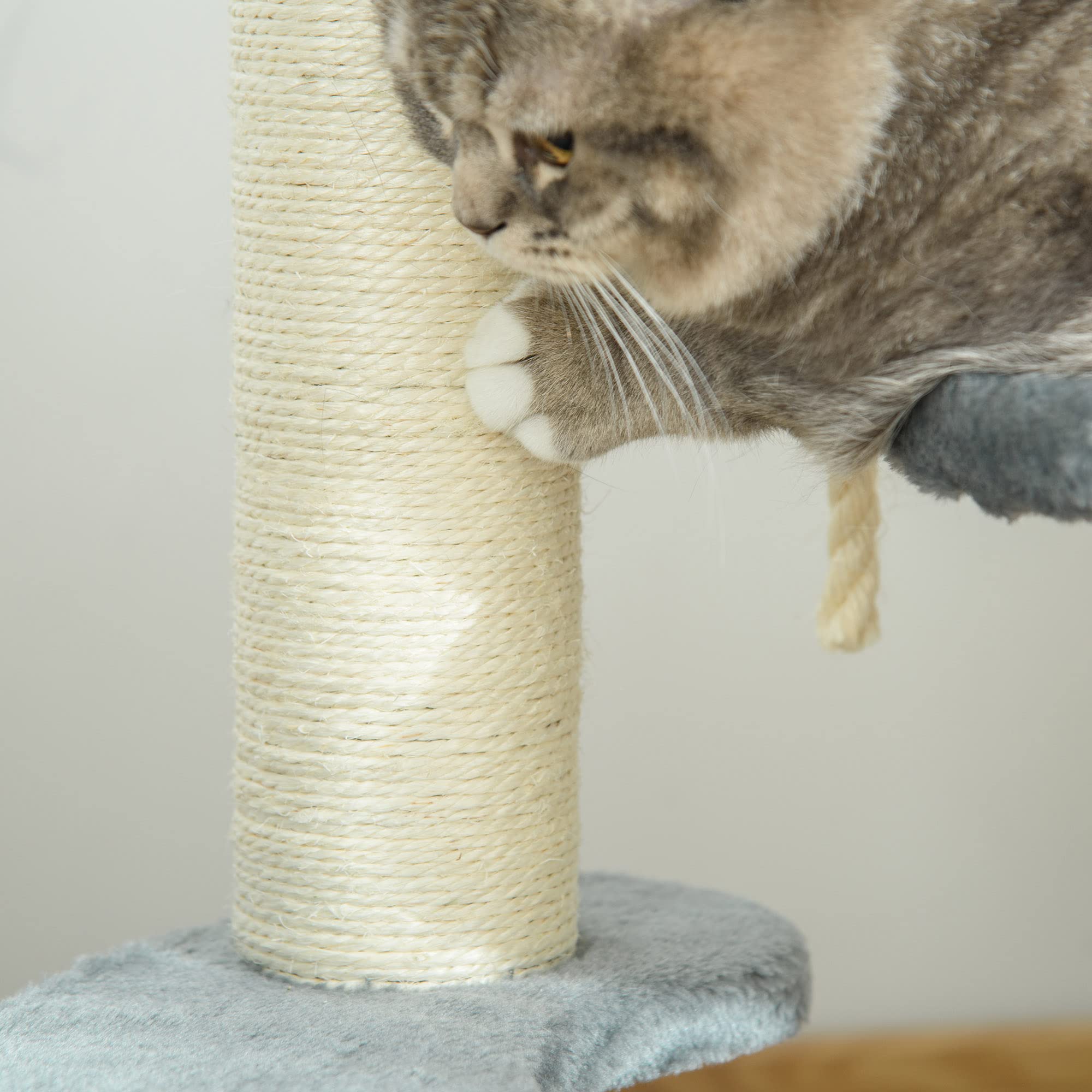 PawHut Albero Tiragraffi Gatti a 3 Livelli in Peluche Sisal Naturale Grigio Ф40x65cm | Piattaforme, Lettino, Pali in Sisal, Torre per Gatti, Rivestimento in Peluche