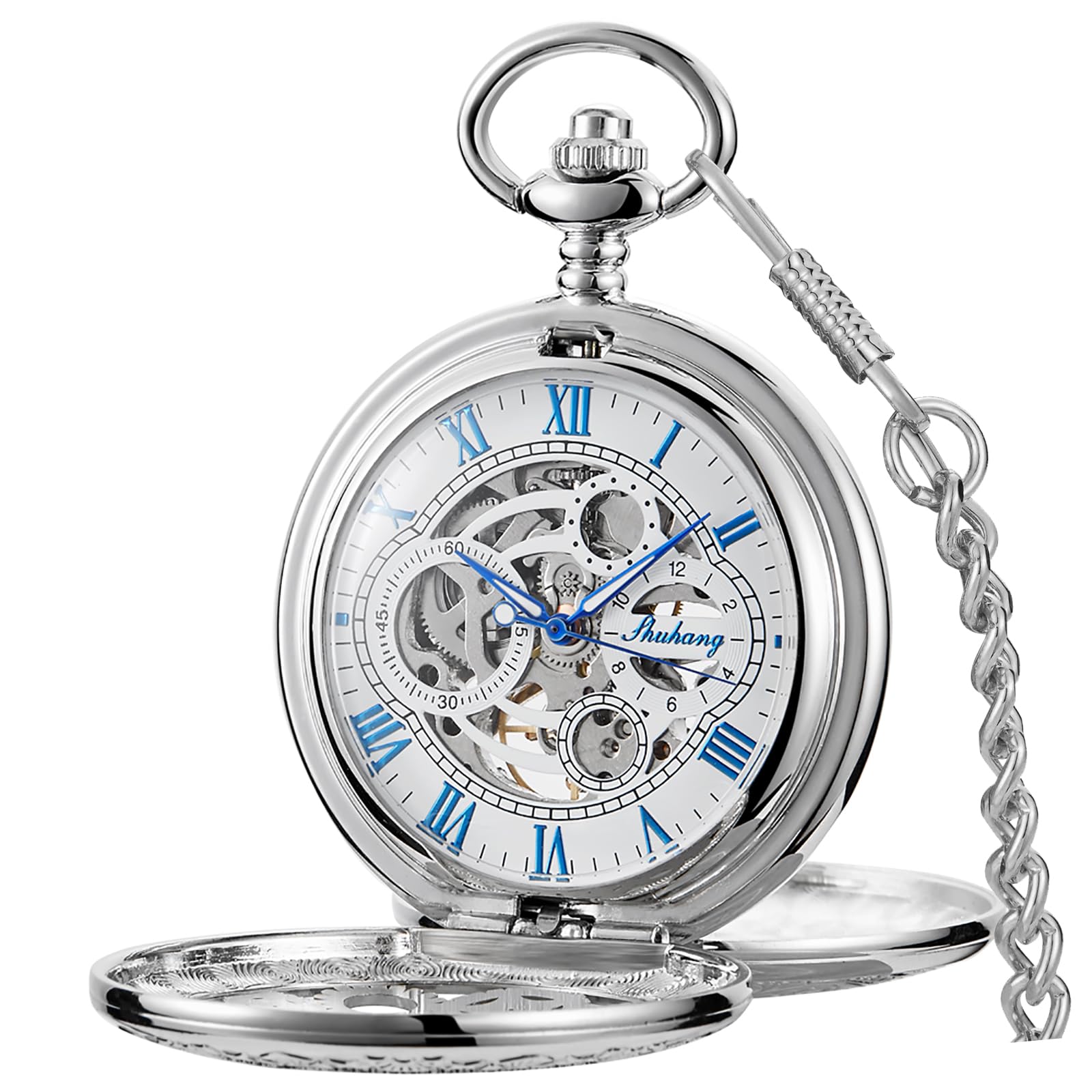 Tiong Vintage Pocket Watch with Chain Mechanical Roman Numerals Steampunk Skeleton Pocket Watch for Birthday Christmas Best Gifts & Gift Box Silver Blue