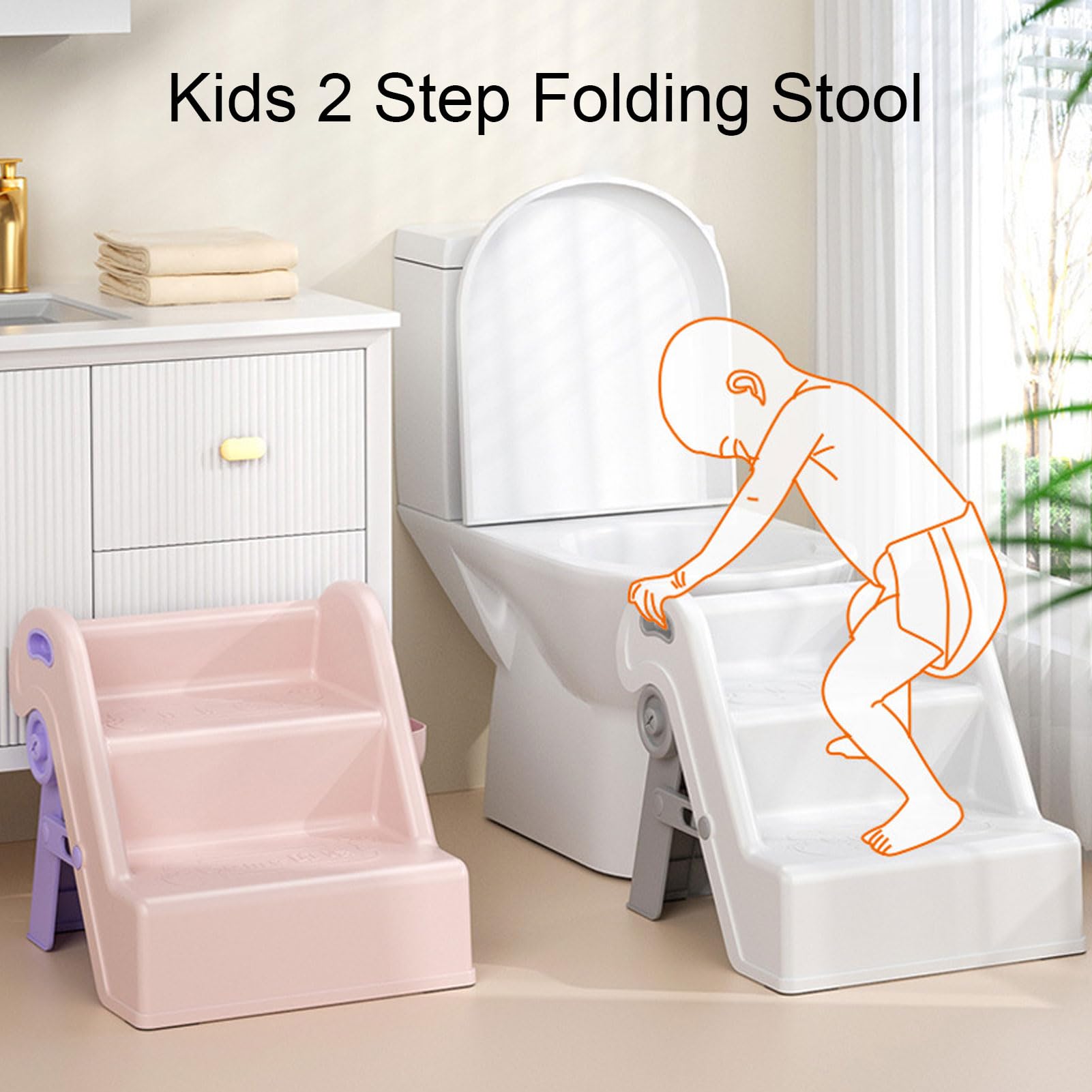 Sgabello da Bagno per Bambini a 2 Gradini con Cestini Laterali per L'addestramento Al Vasino Sgabello per Gradini per gli Oggetti Essenziali dei Bambini Materiale: Plastica (Rosa)